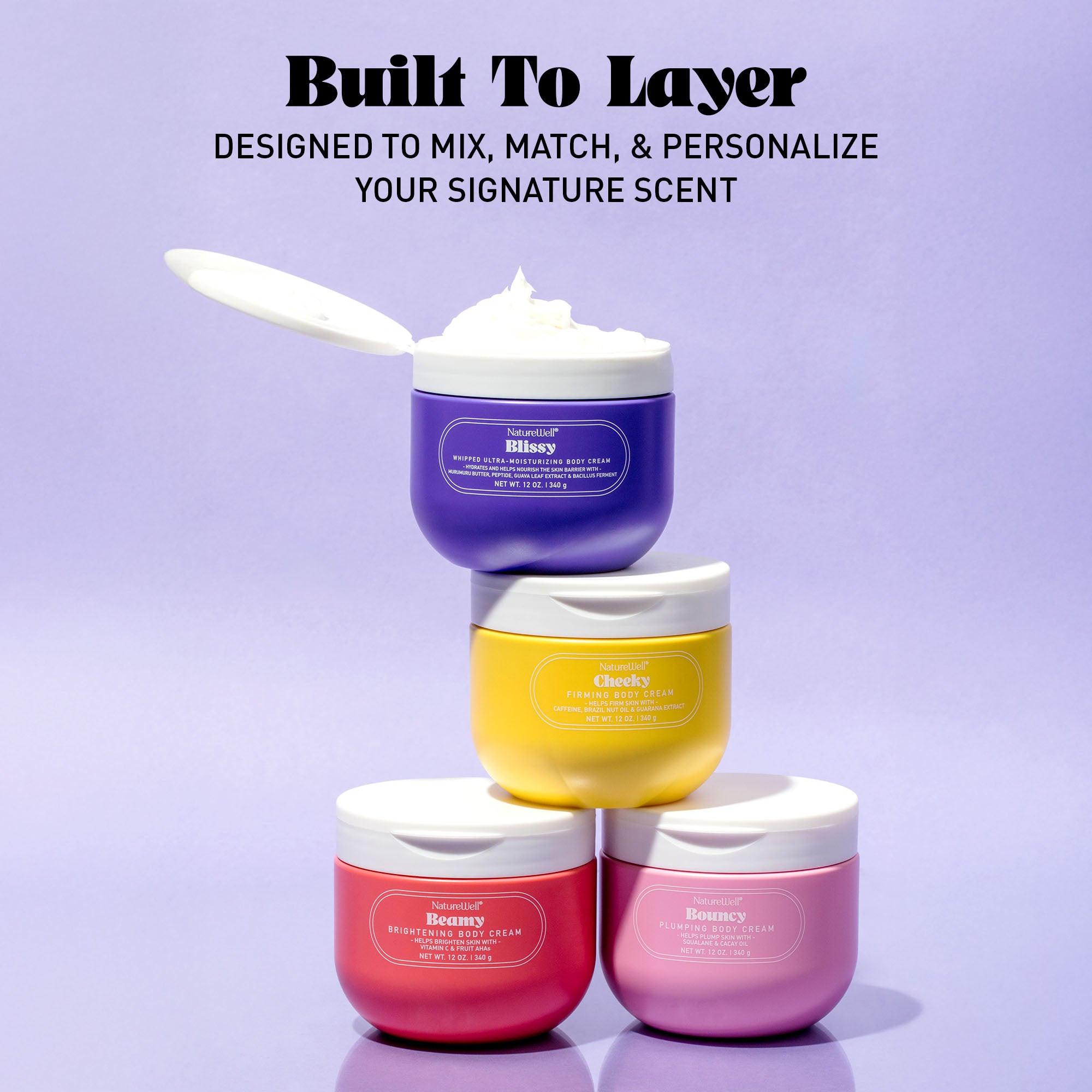 Collection of NatureWell body creams on a light purple background