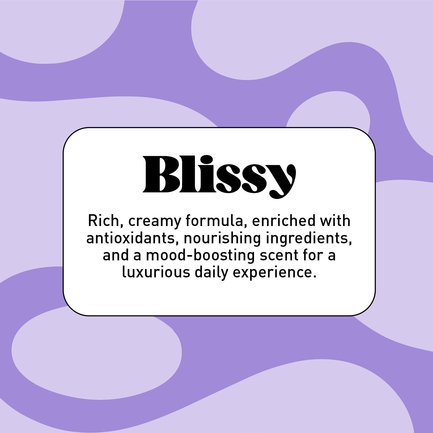"Blissy" in black text on a purple background