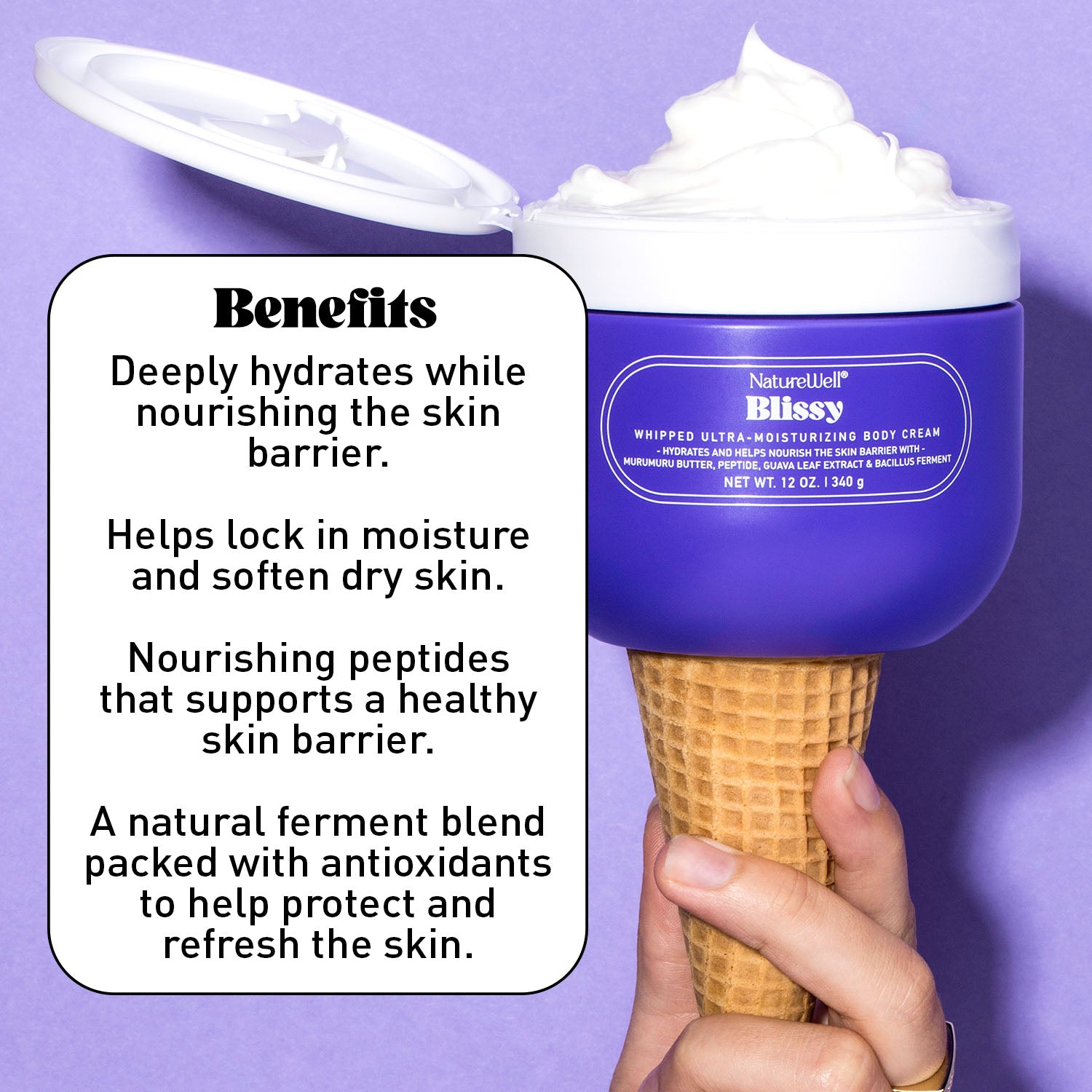 Open jar of NatureWell Blissy Body Cream on top of an ice cream cone against a purple background with text overlay