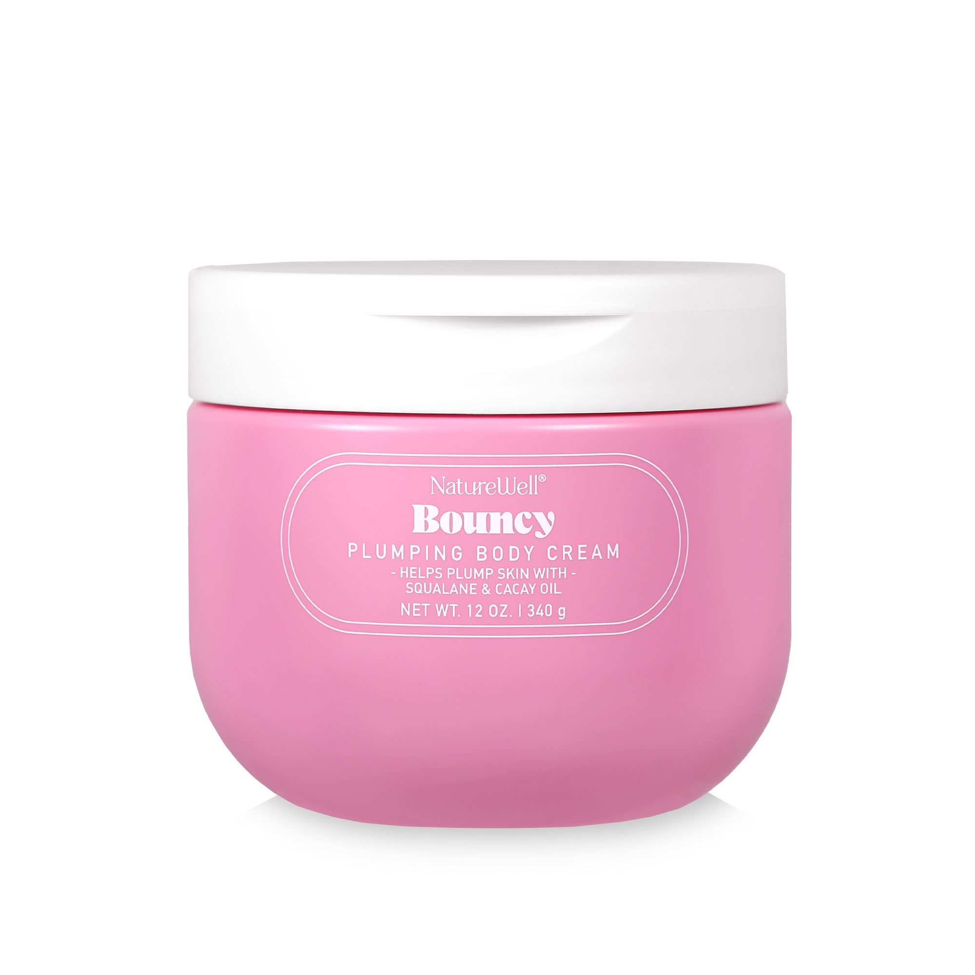 Jar of NatureWell Bouncy Plumping Body Cream on a white background