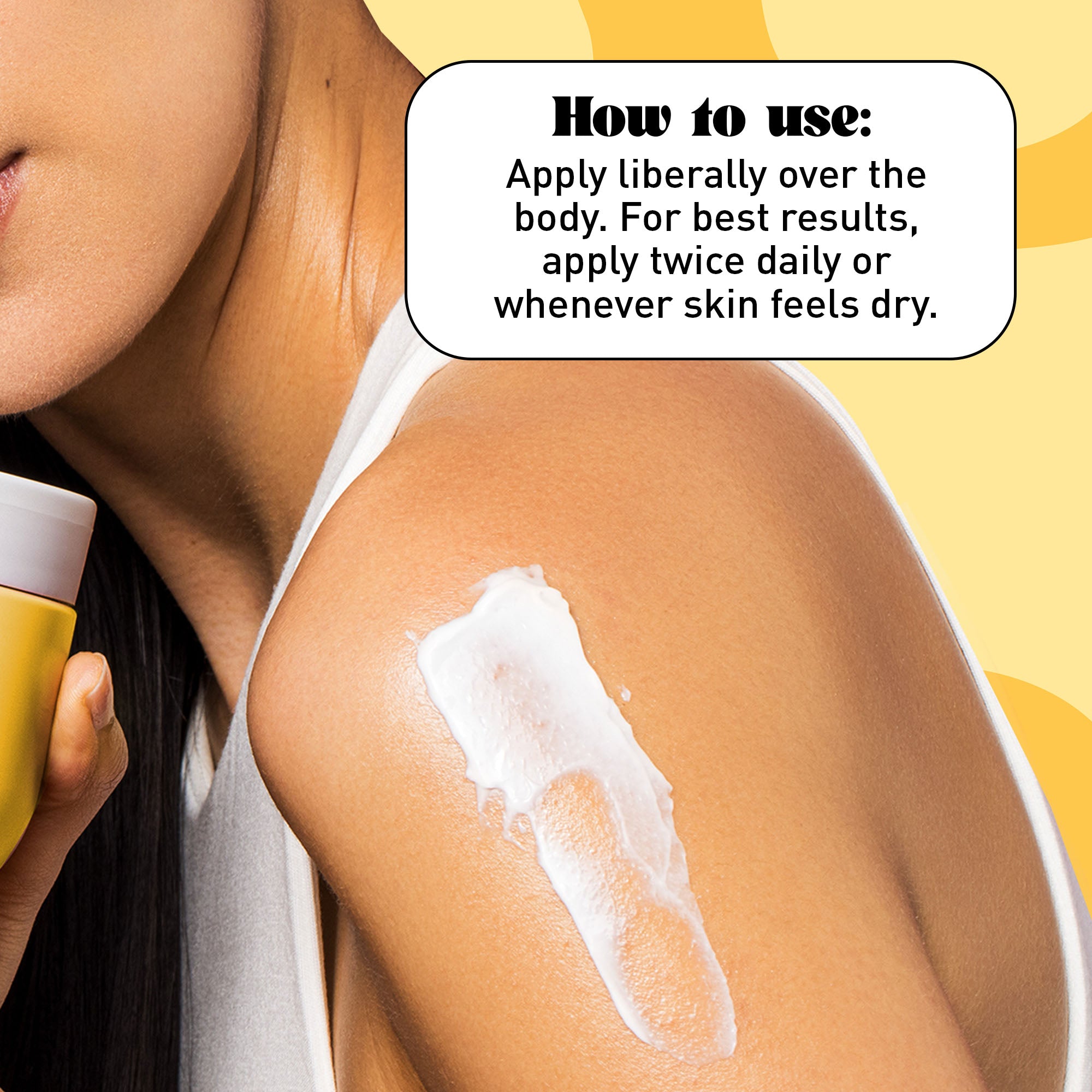 Woman applying cream to her arm against a yellow background with text overlay