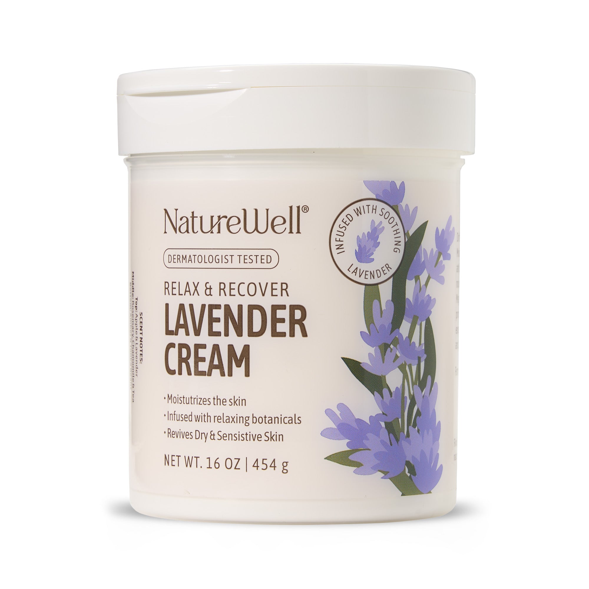 Jar of NatureWell Lavender moisturizing cream on a white background