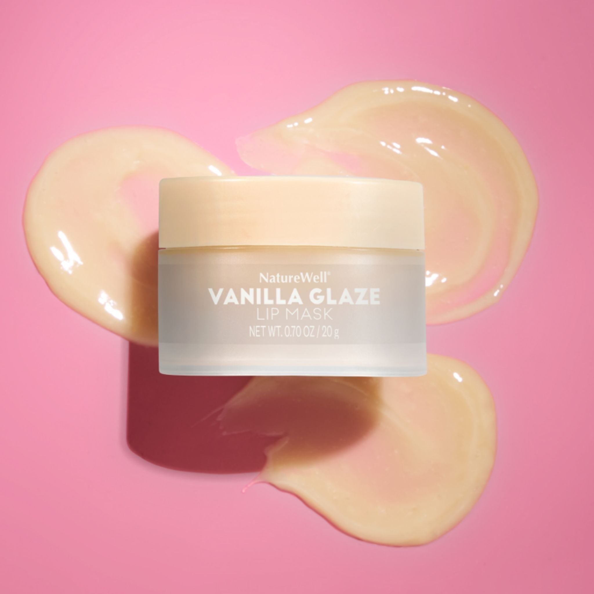Vanilla glaze lip mask container with pink background
