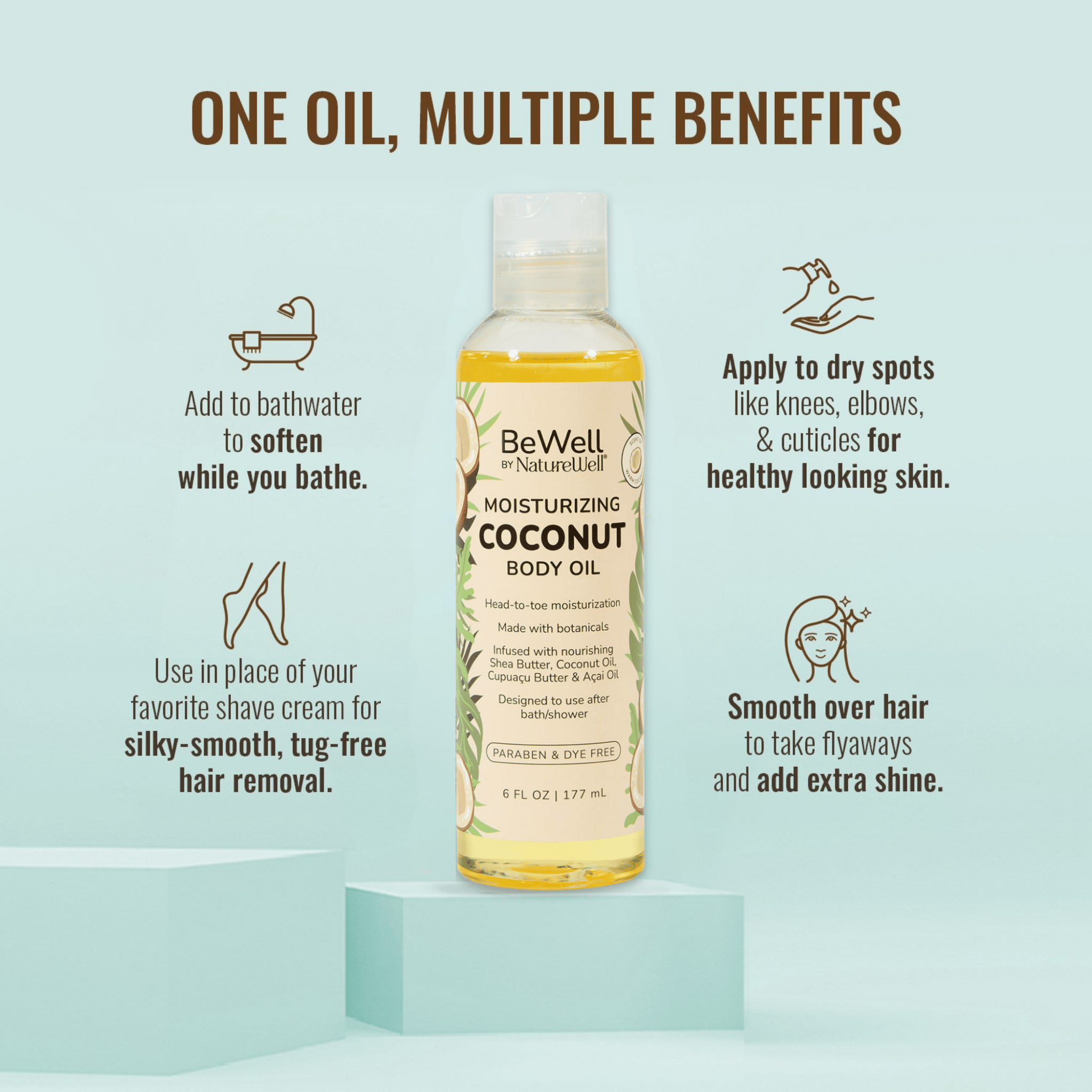 Bottle of NatureWell Moisturizing Coconut Body Oil on a light blue background with text overlay