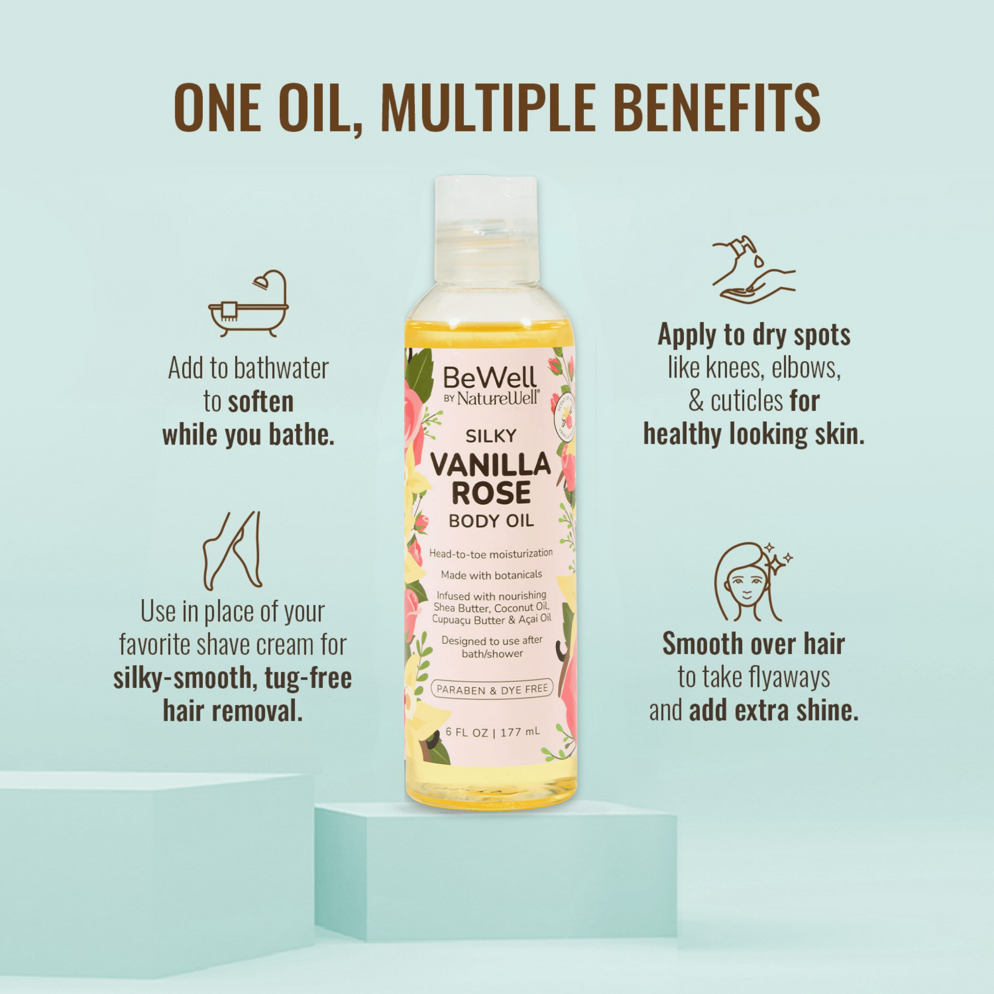 Bottle of NatureWell Moisturizing Coconut Body Oil on a light blue background with text overlay