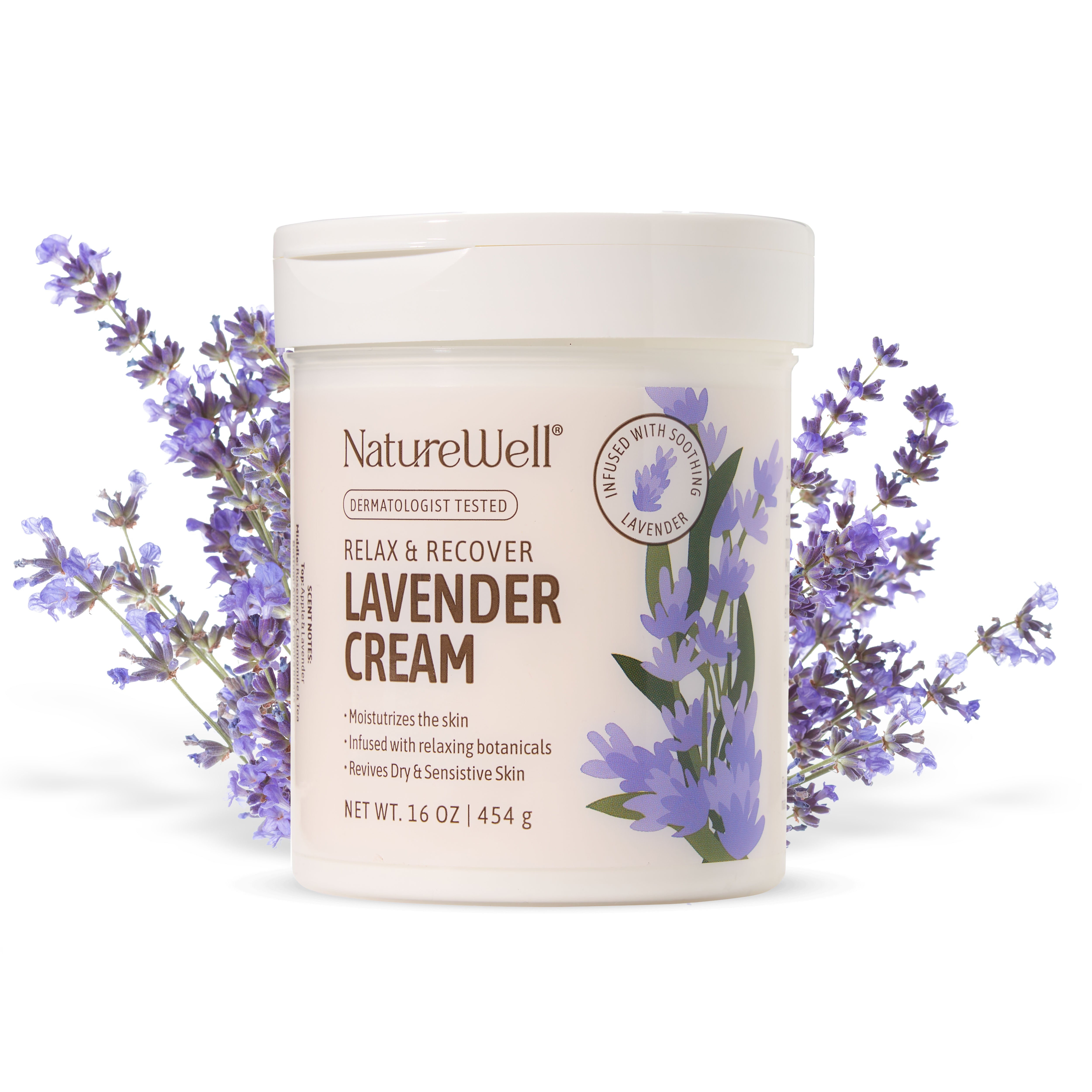 jar of lavender scented moisturizing cream next to lavender flowers