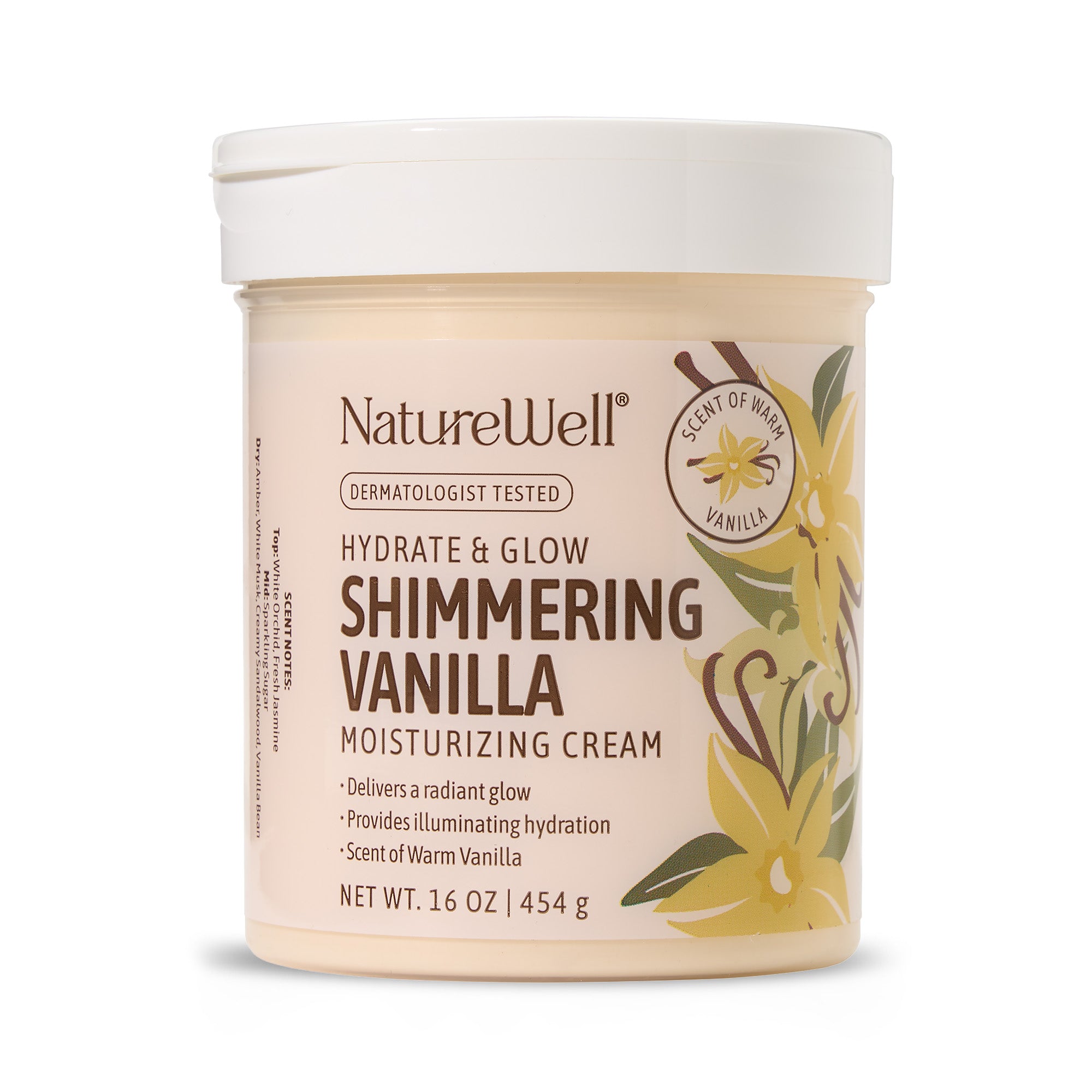 Jar of NatureWell Shimmering Vanilla moisturizing cream on a white background