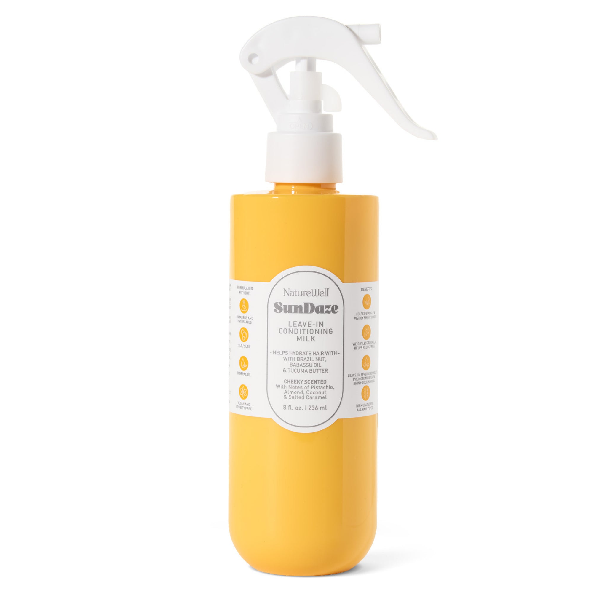 Bottle of NatureWell SunDaze Leave In Conditioning Milk on a white background