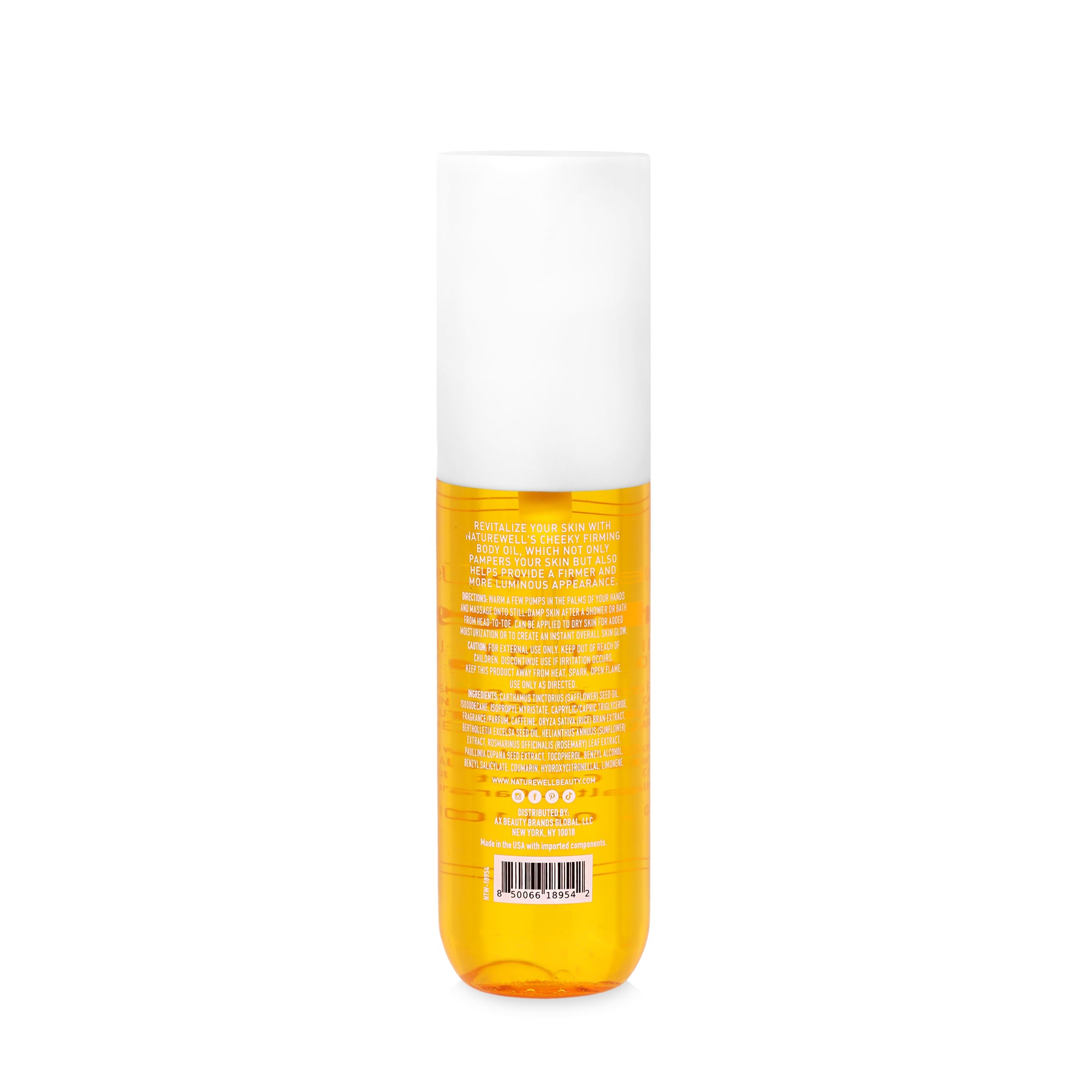 Back of Bottle of NatureWell Cheeky Firming Body Oil showing product information
