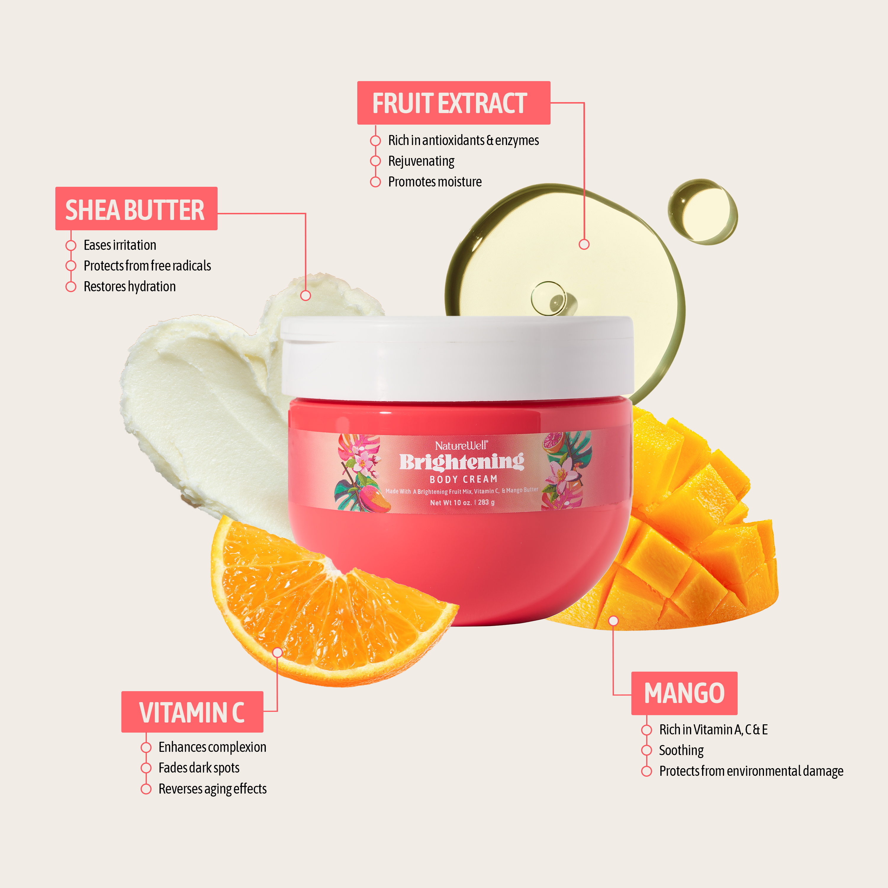 NatureWell Brightening Body Cream includes shea butter, mango fruit and vitamin c to improve the look of skin