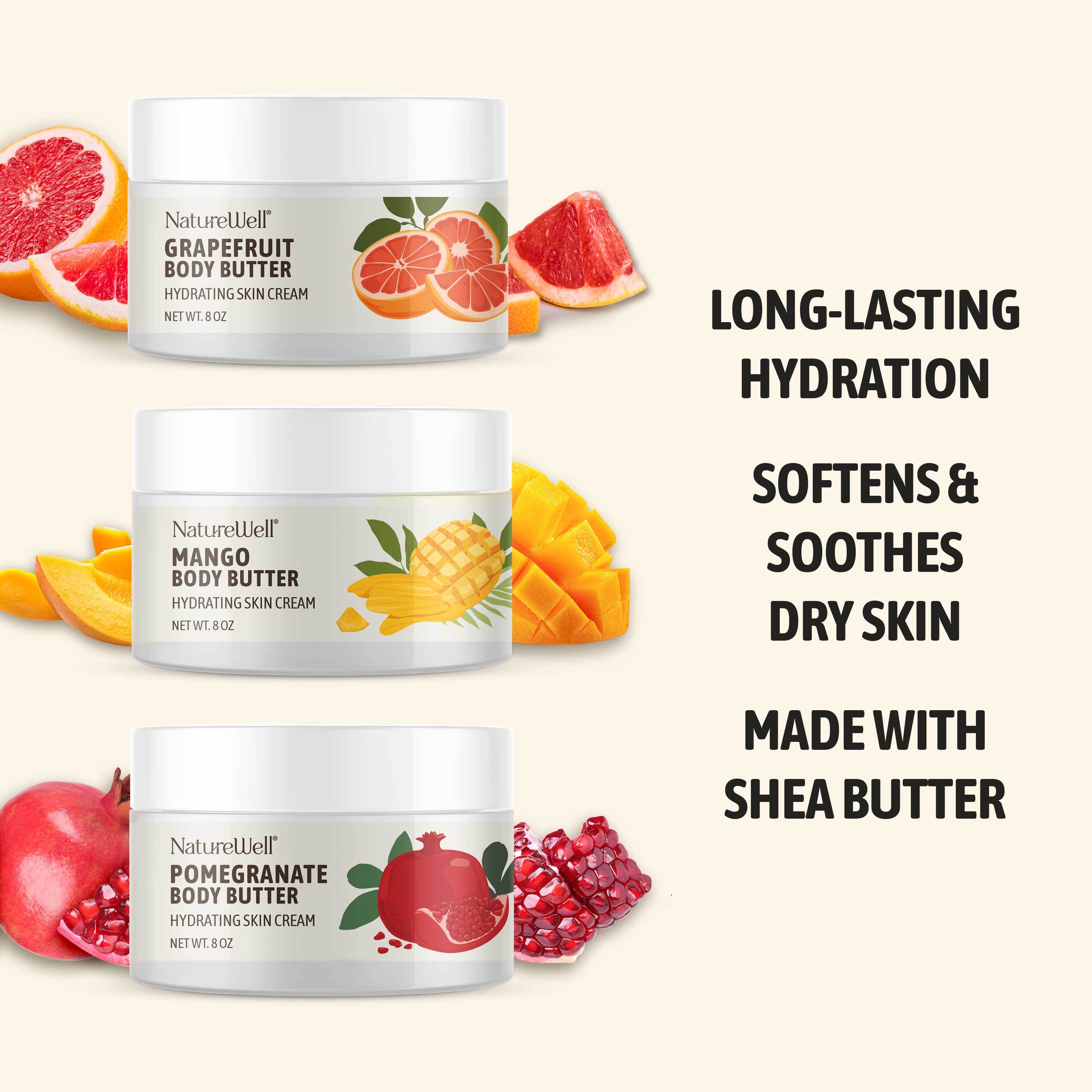 3 jars of scented shea butter body creams with skin hydrating and softening benefits