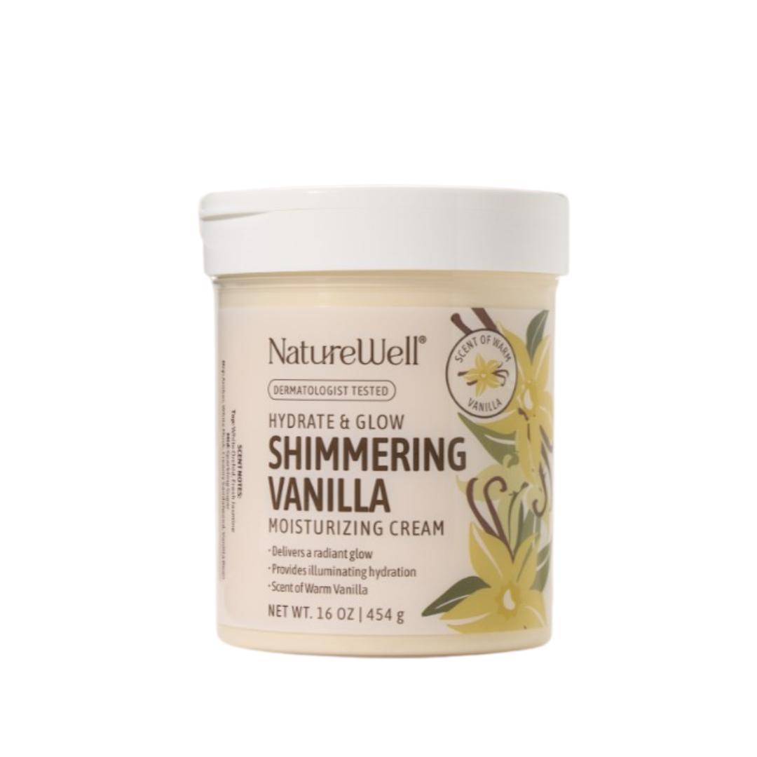 16 ounce jar of NatureWell Shimmering Vanilla Moisturizing Cream on white background