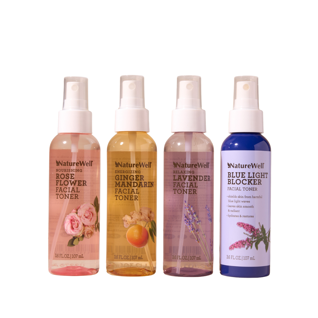 Assortment of 4 bottles of NatureWell Facial Toners in Rose Water, Ginger Mandarin, Lavender, and Blue Light Blocker