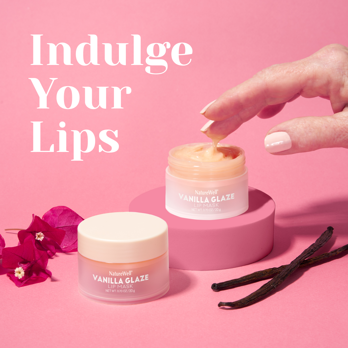 Open Jar of NatureWell Vanilla Glaze Lip Mask on a pink background with woman sampling product