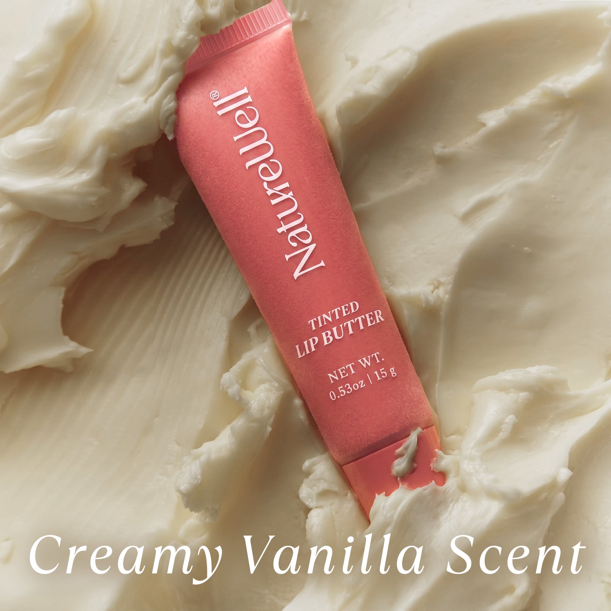 Tube of NatureWell Pink Velvet Lip Butters on a white background