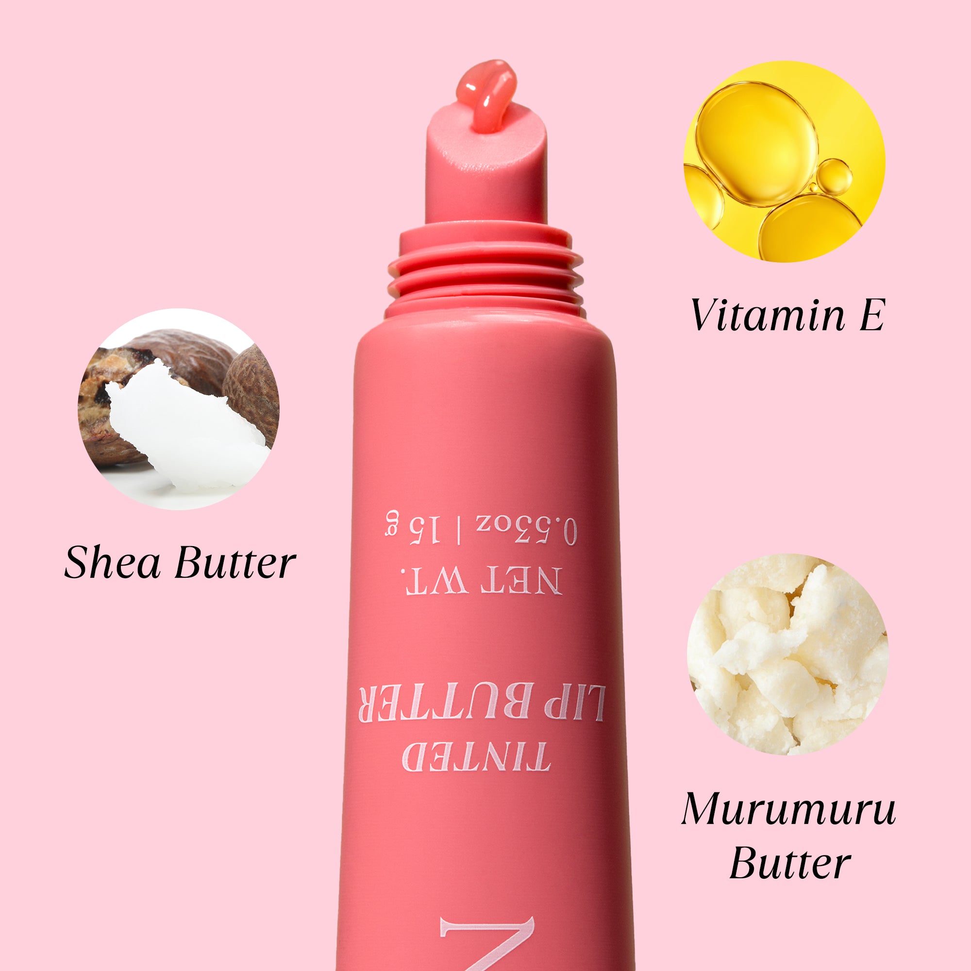 Tube of NatureWell Pink Velvet Lip Butter with ingredients listed on a pink background