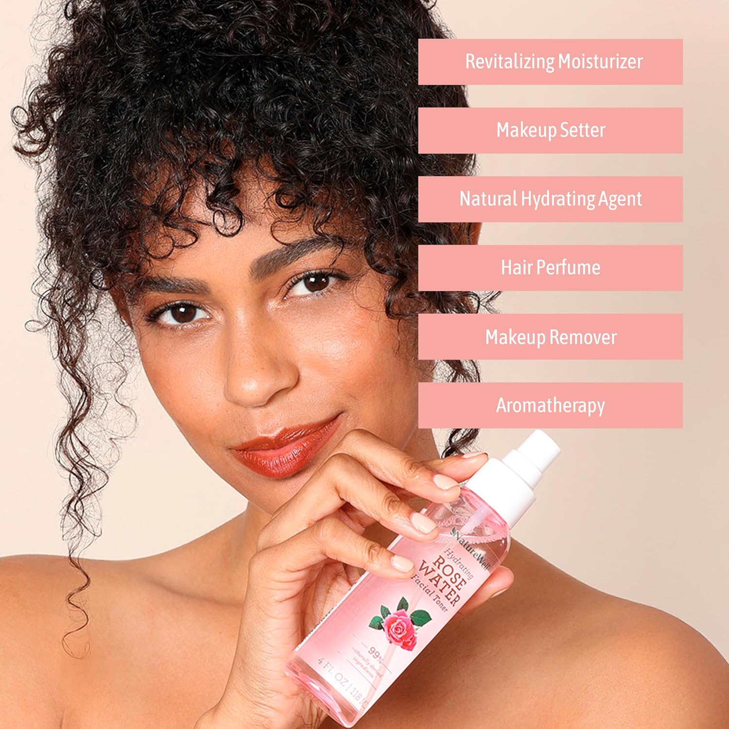 Woman holding a bottle of NatureWell Hydrating Rose Water Facial Toner