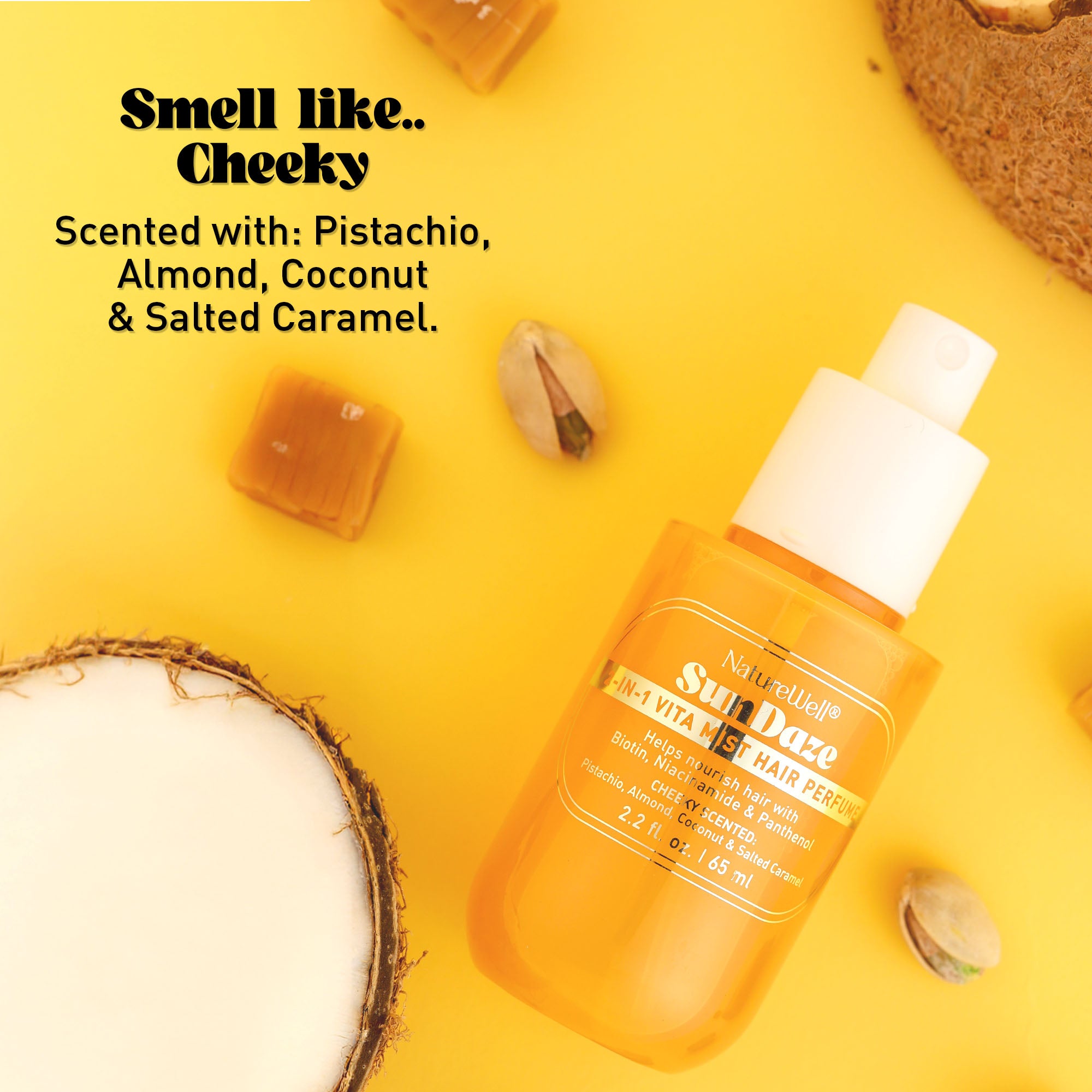Bottle of NatureWell SunDaze 2-in-1 Hair Perfume on a yellow background with text overlay