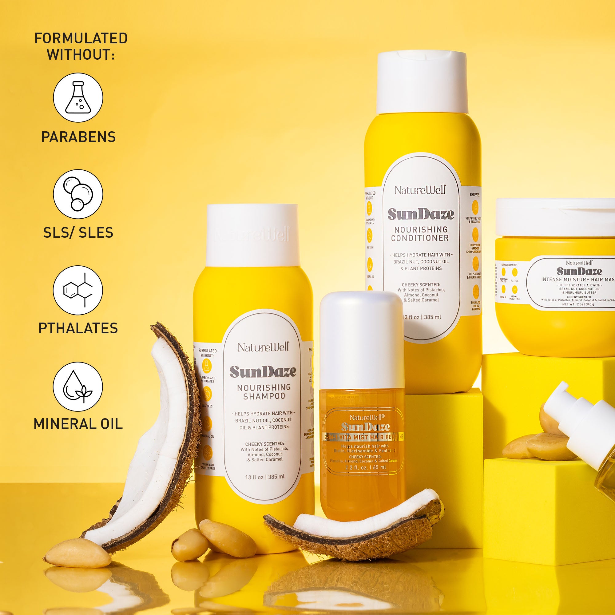 Collection of NatureWell SunDaze haircare products on a yellow background