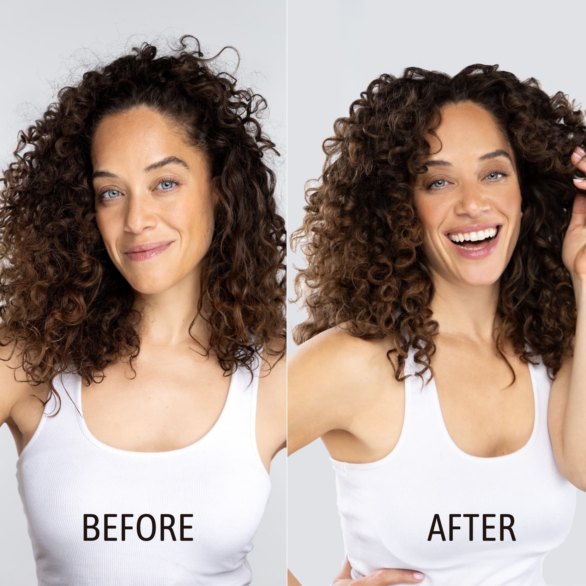 Woman's hair before and after using NatureWell's SunDaze haircare products