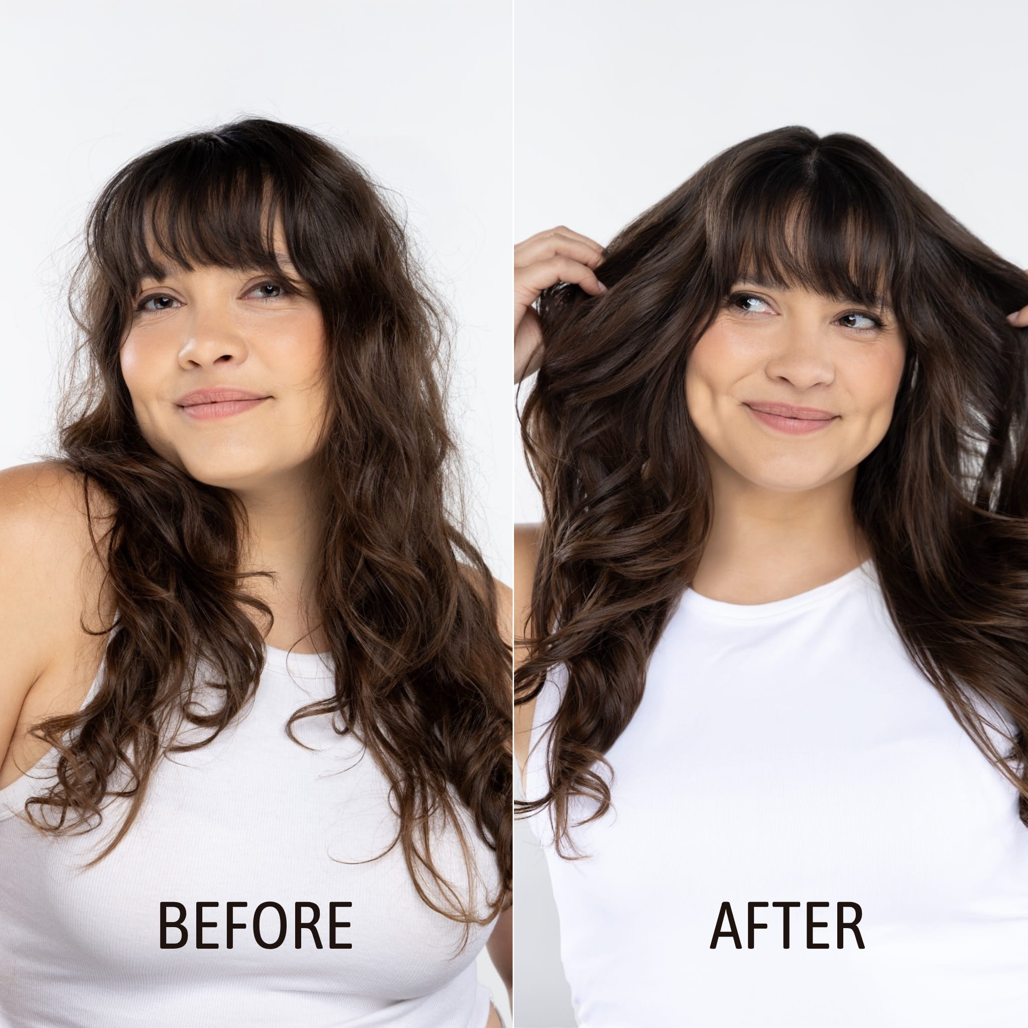 Woman's hair before and after using NatureWell SunDaze hair care products