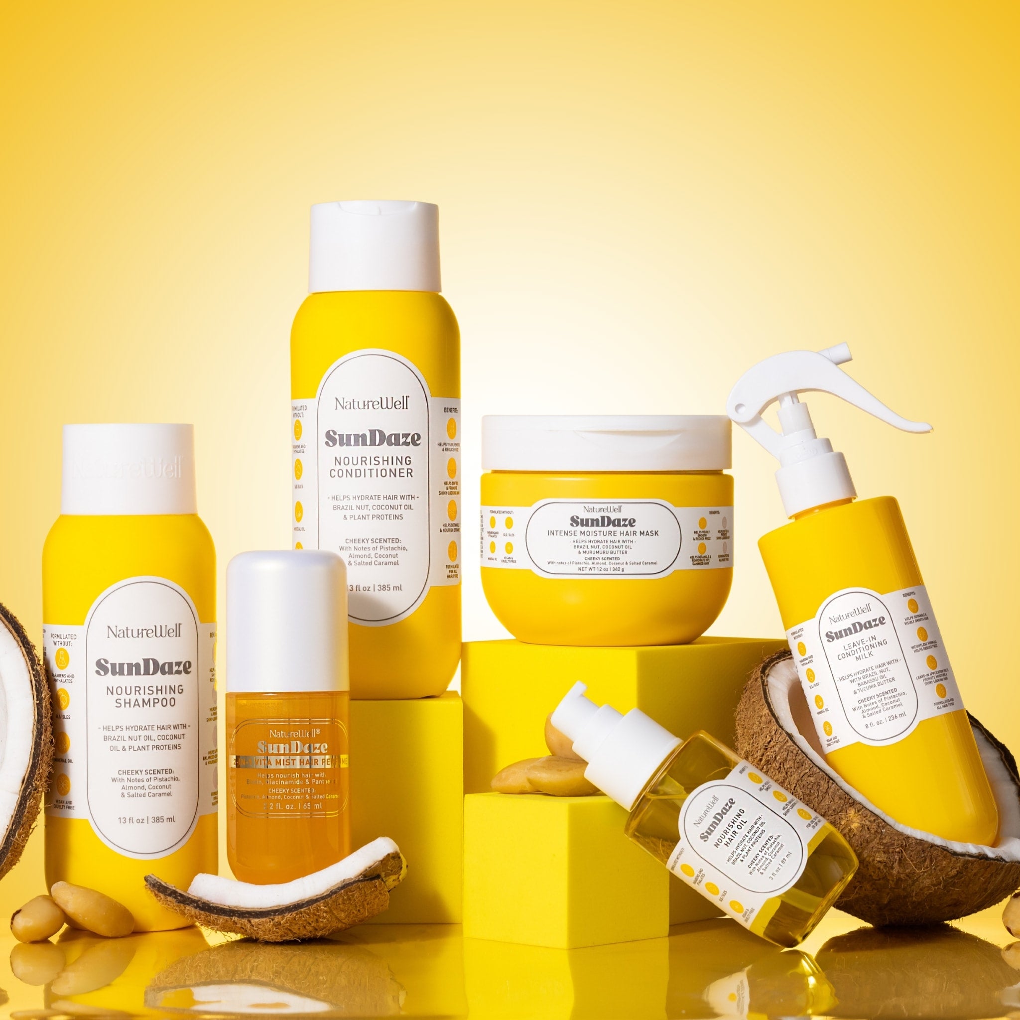 Collection of NatureWell SunDaze hair care products on a yellow background