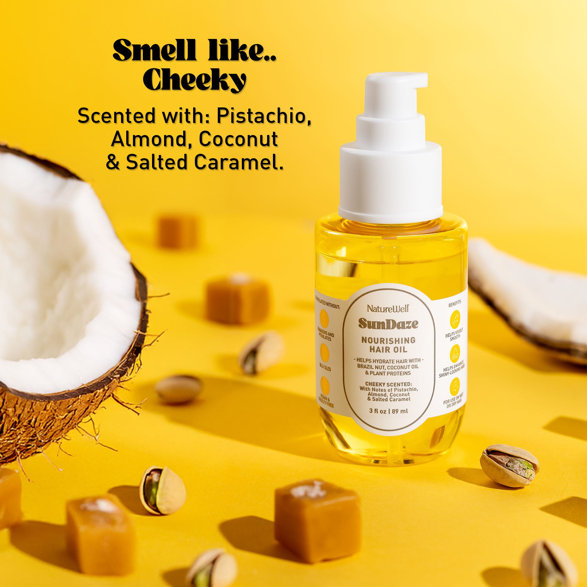 Bottle of NatureWell SunDaze Nourishing Hair Oil on a yellow background with text overlay