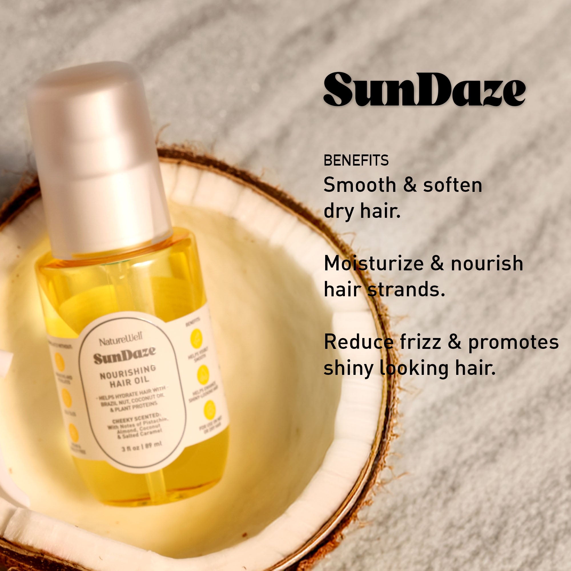 Bottle of NatureWell SunDaze Nourishing Hair Oil on a natural background with text overlay