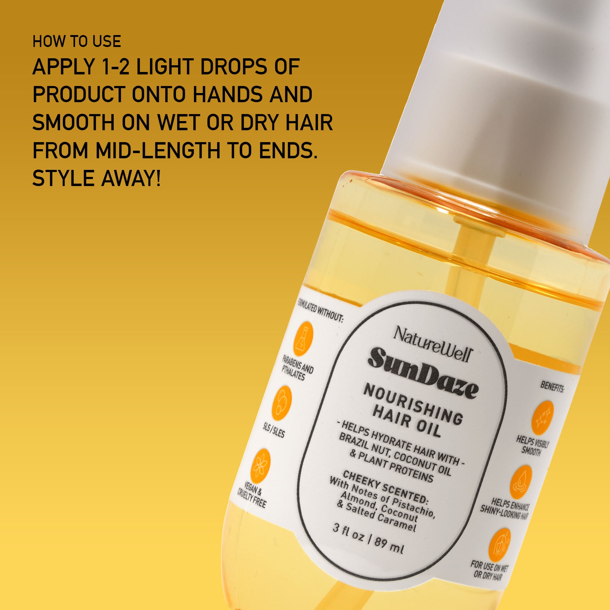 Bottle of NatureWell SunDaze Nourishing Hair Oil on a yellow background with text overlay