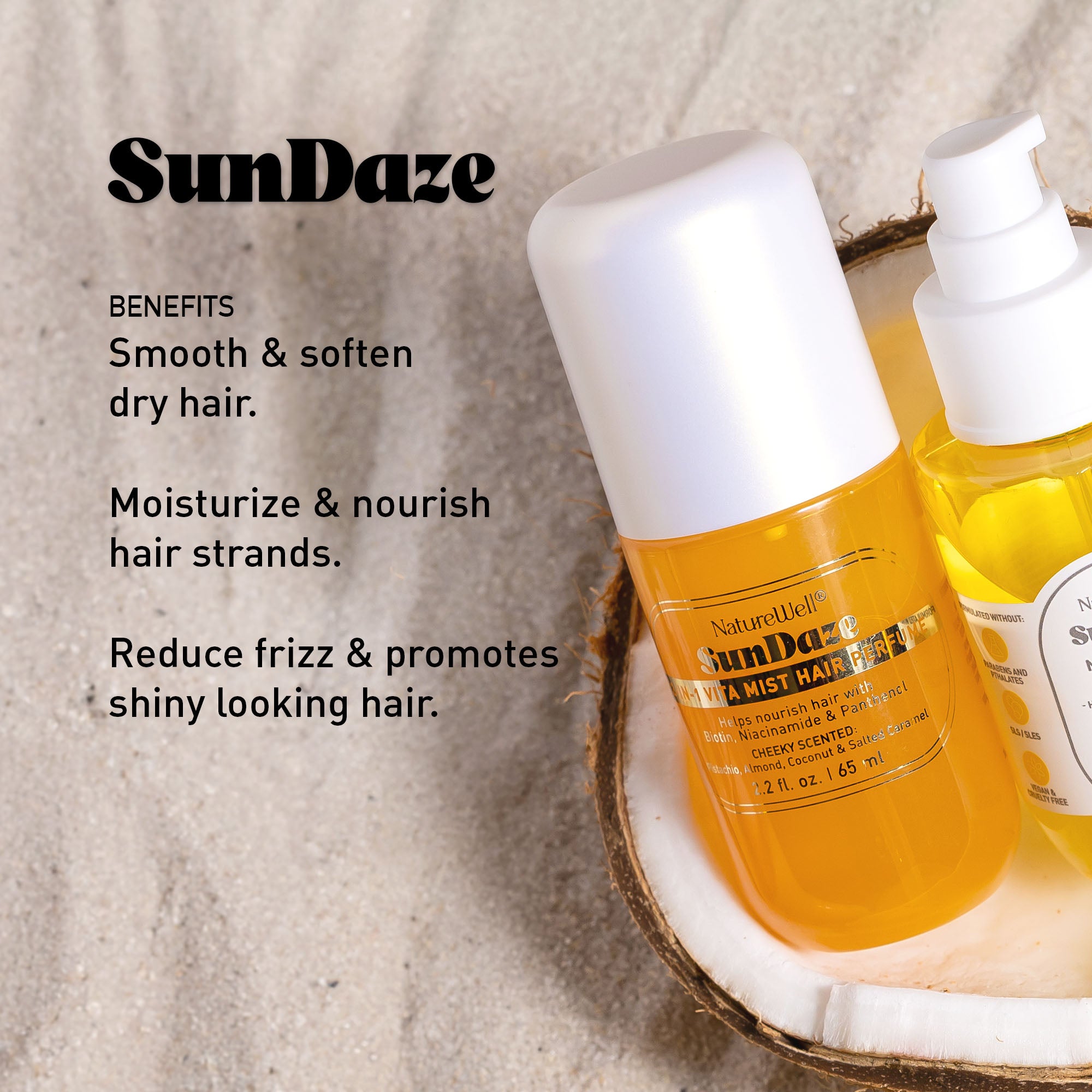 Bottles of NatureWell SunDaze haircare products on a natural background with text overlay