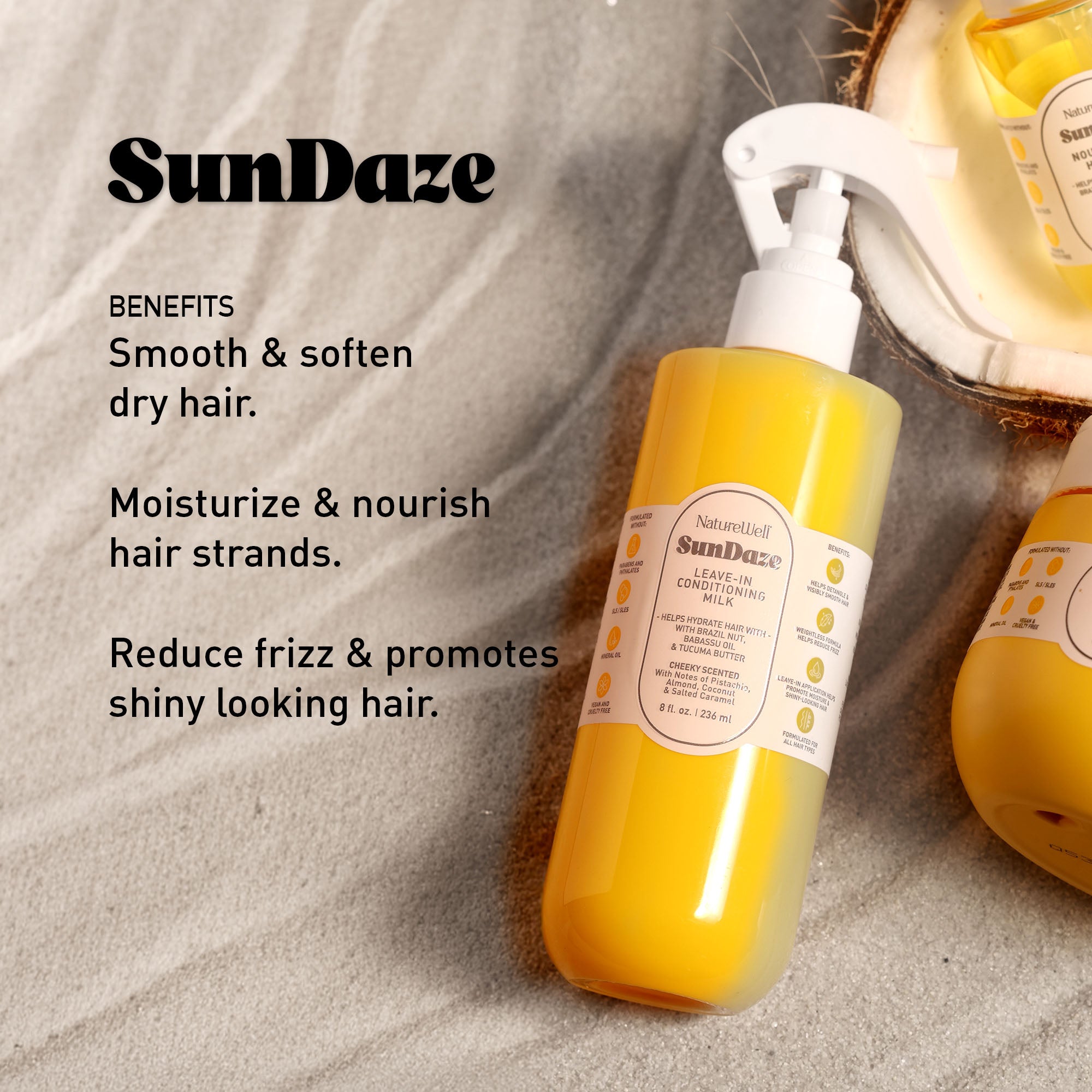 Bottle of NatureWell SunDaze Leave In Conditioner on a natural background with text overlay