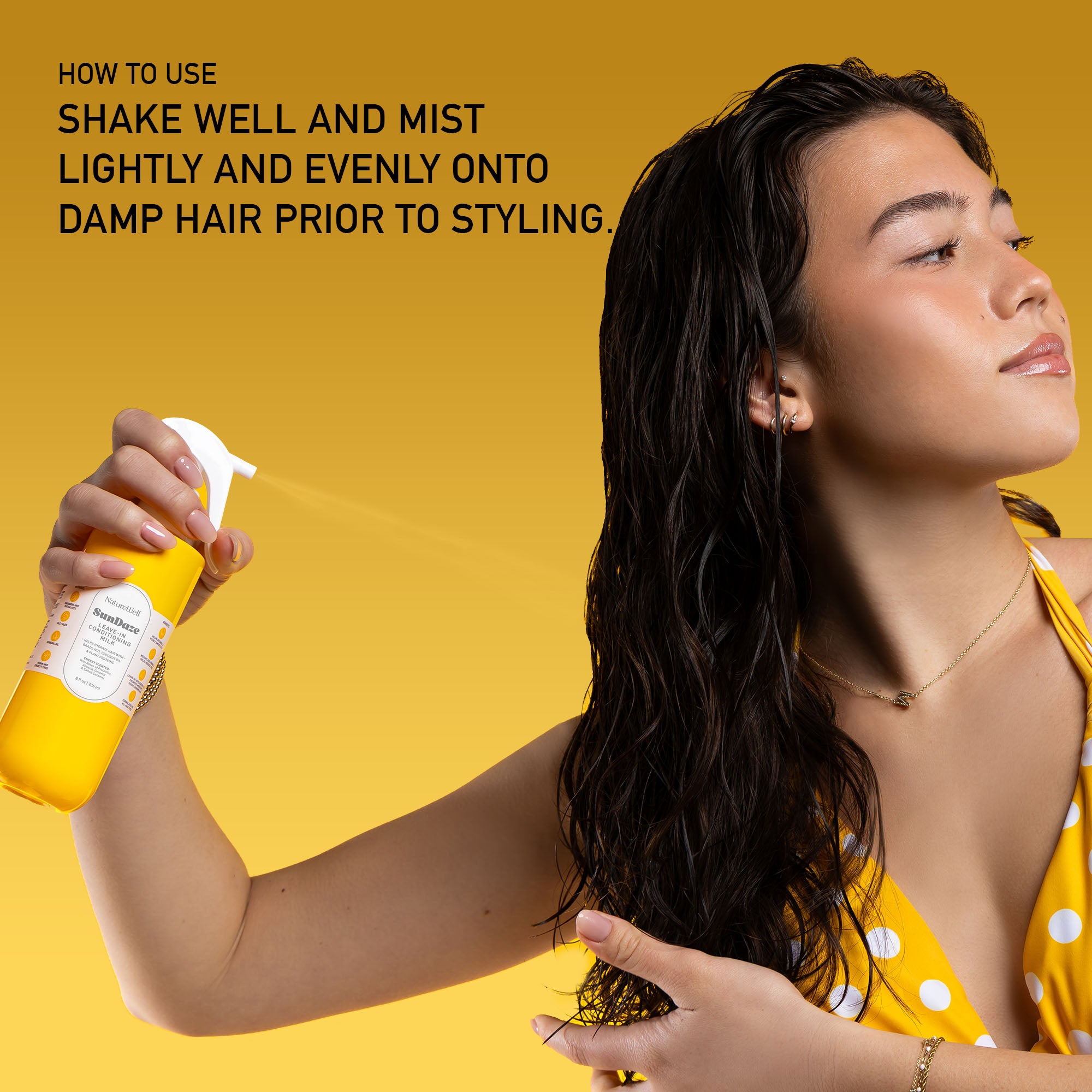 Woman applying NatureWell Leave In Conditioner on a yellow background with text overlay