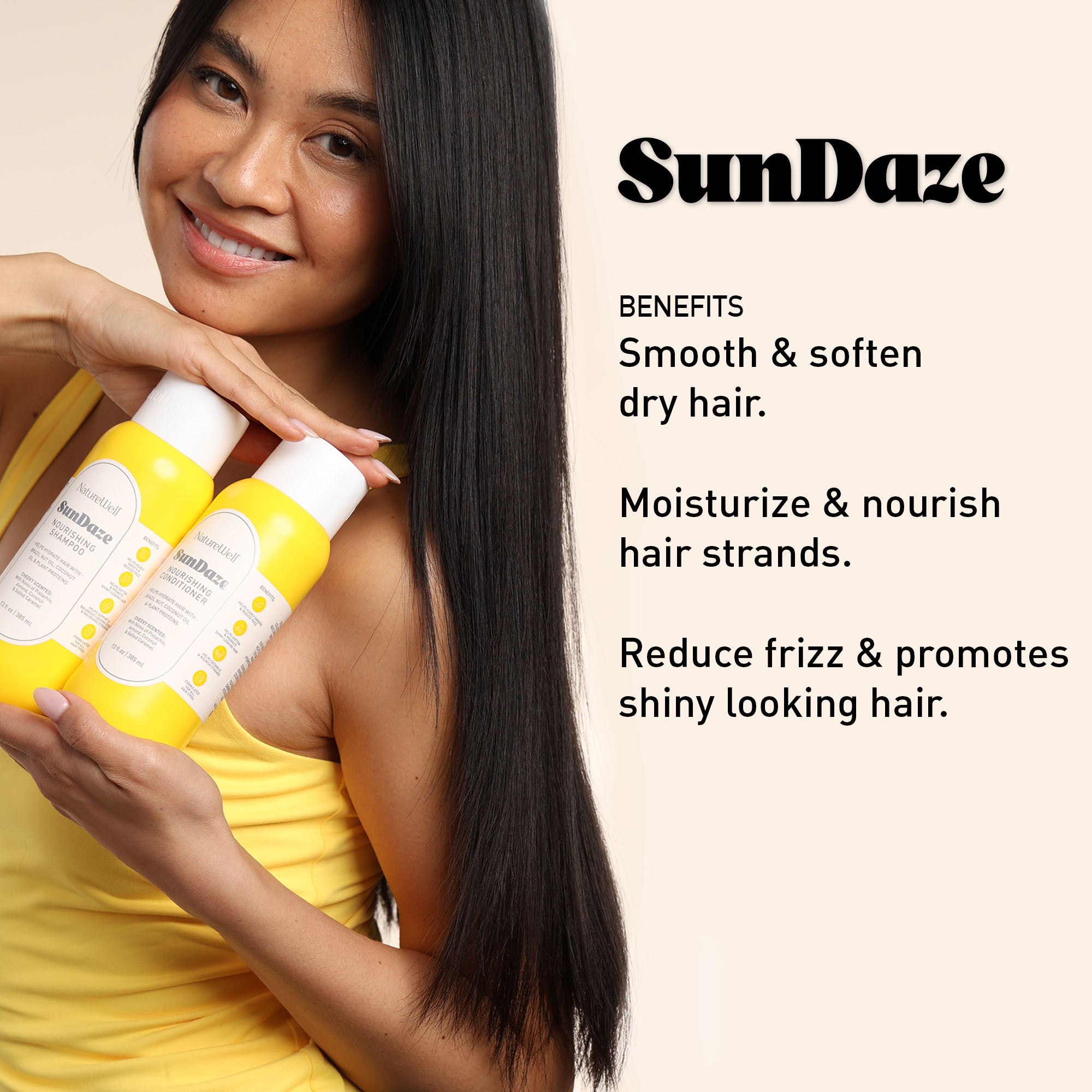 Woman holding bottles of NatureWell SunDaze haircare products on a neutral background with text overlay