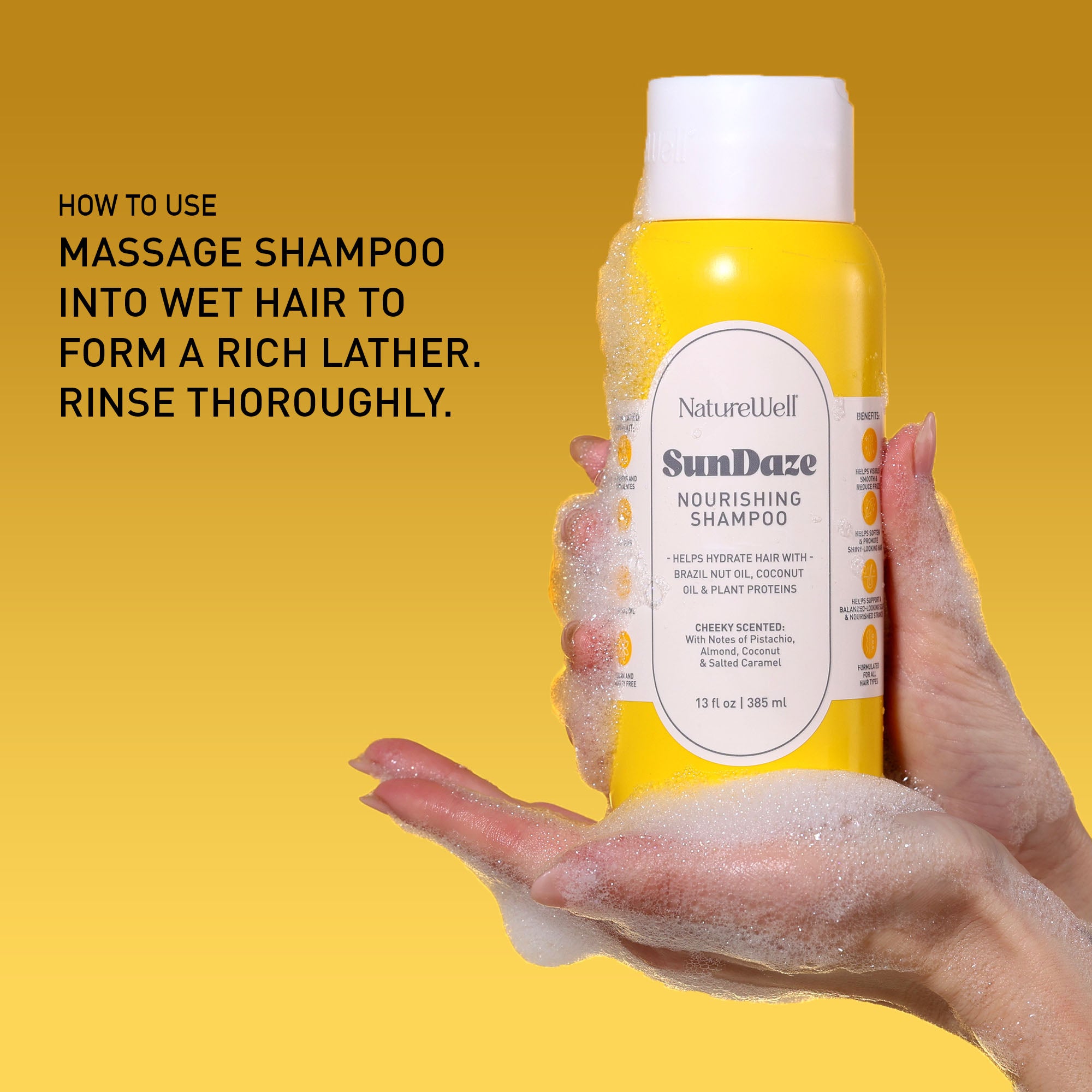 Woman holding bottle of NatureWell SunDaze shampoo on a yellow background with text overlay