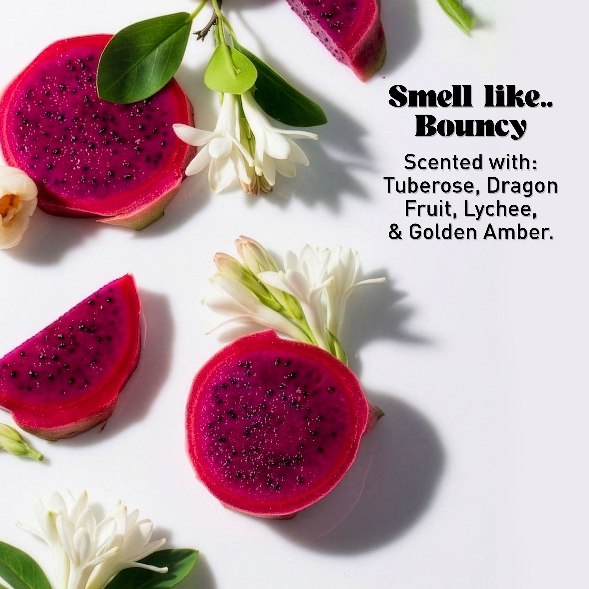 White flowers and dragon fruit slices on a white background with text overlay