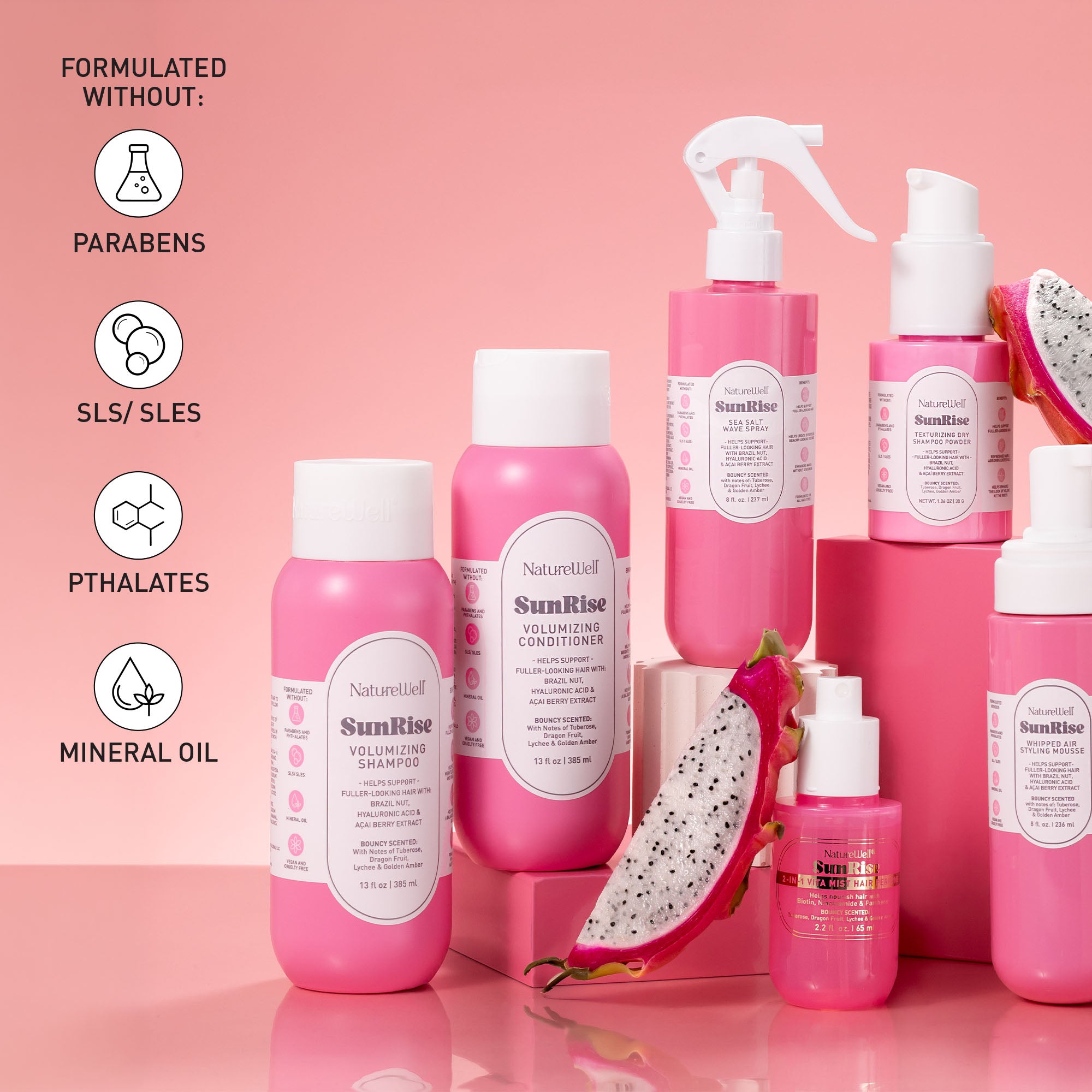 Collection of NatureWell SunRise haircare products on a pink background 