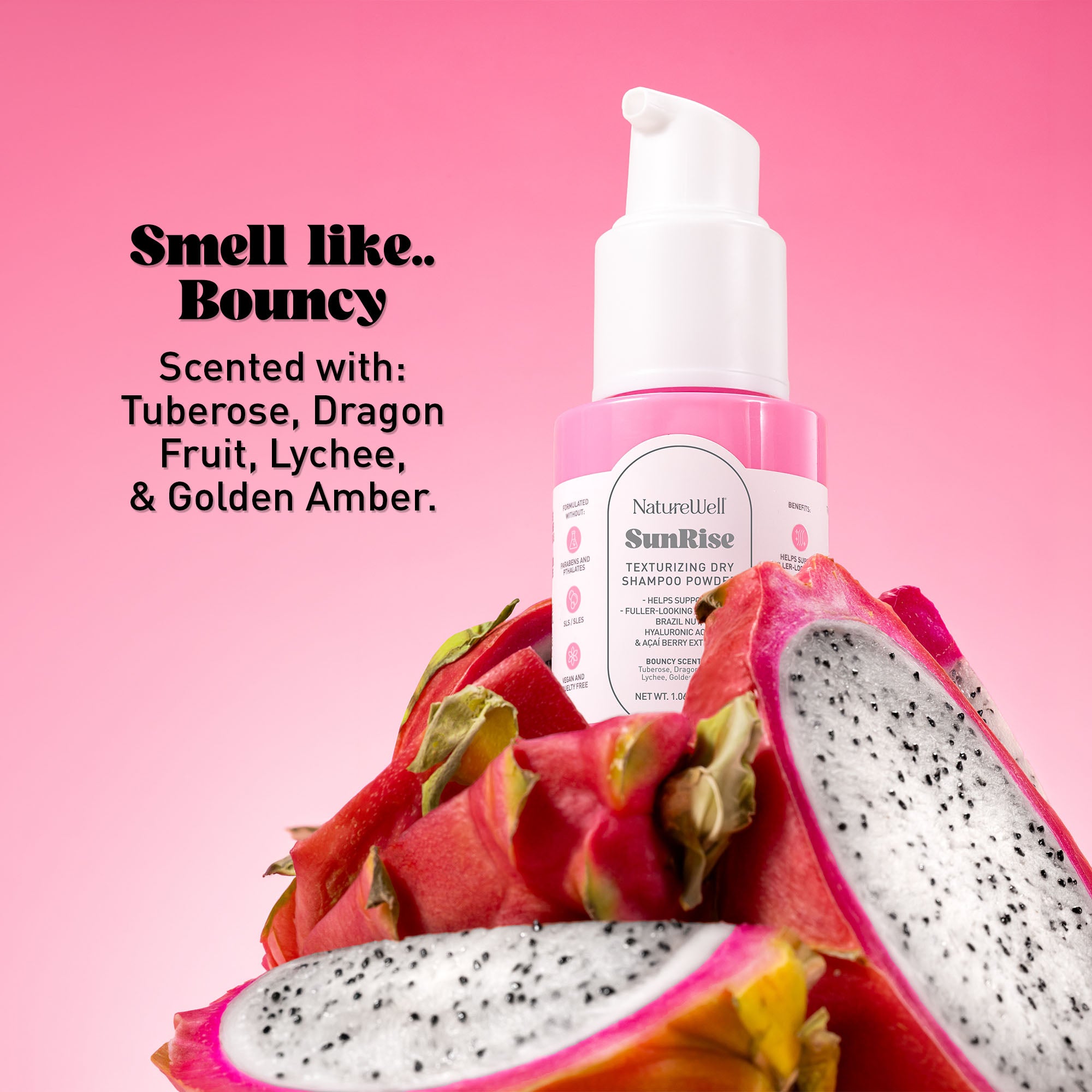 Bottle of NatureWell SunRise Dry Shampoo and fresh dragon fruit against a pink background with text overlay