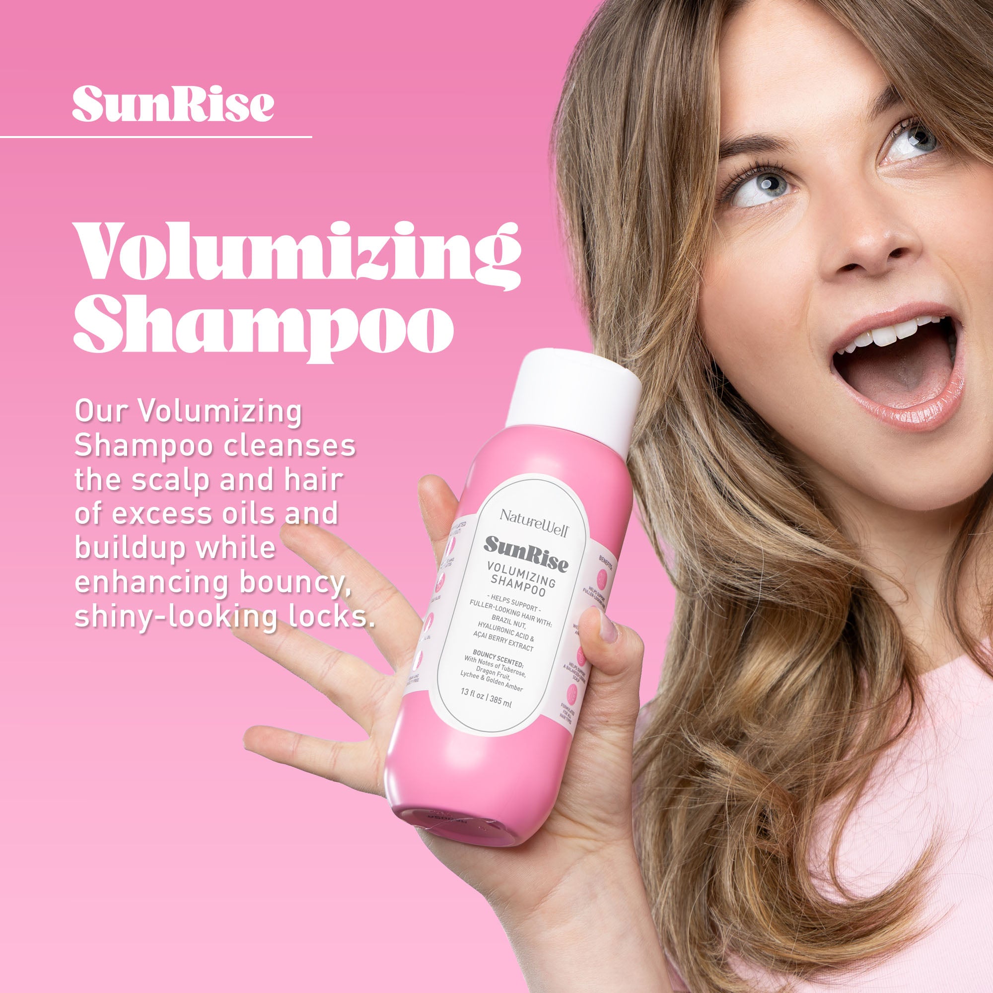Woman holding NatureWell SunRise Volumizing Shampoo on a pink background with text overlay