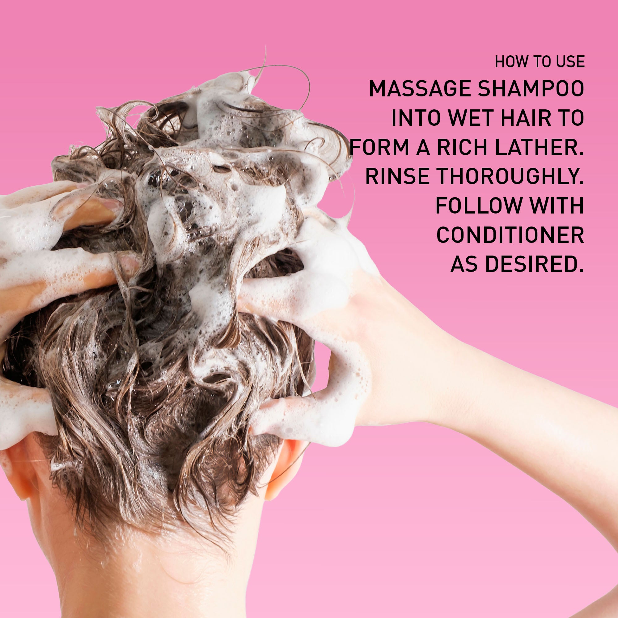 Woman cleansing her hair with instructions how to use SunRise Shampoo on a pink background