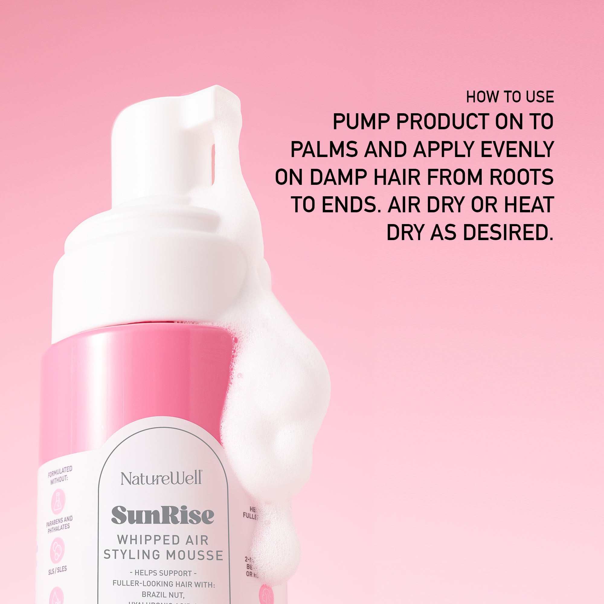 Product dispensing from bottle of NatureWell SunRise Hair Perfume on a pink background with instructions on how to use product
