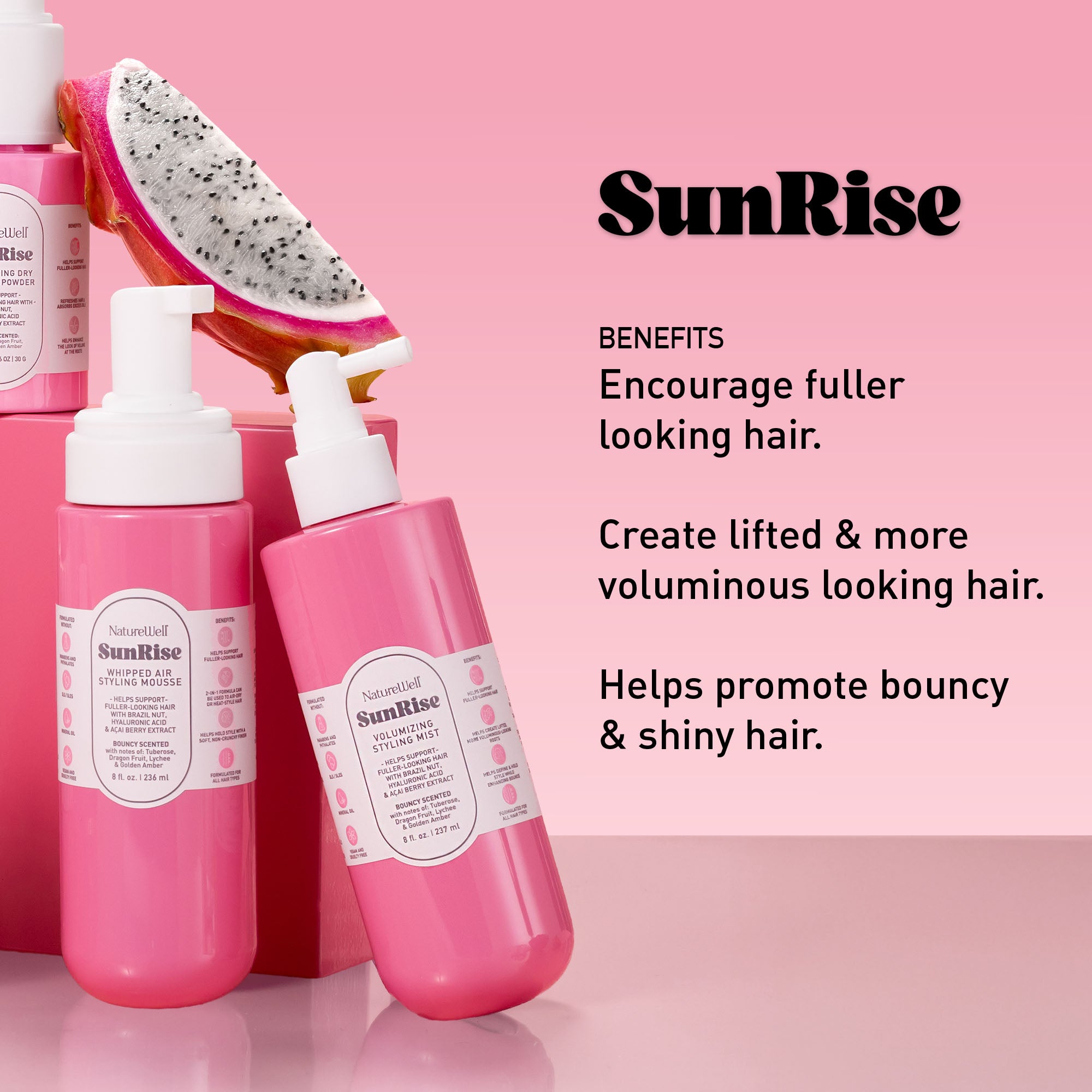 Bottles of NatureWell SunRise haircare products on a pink background with text overlay
