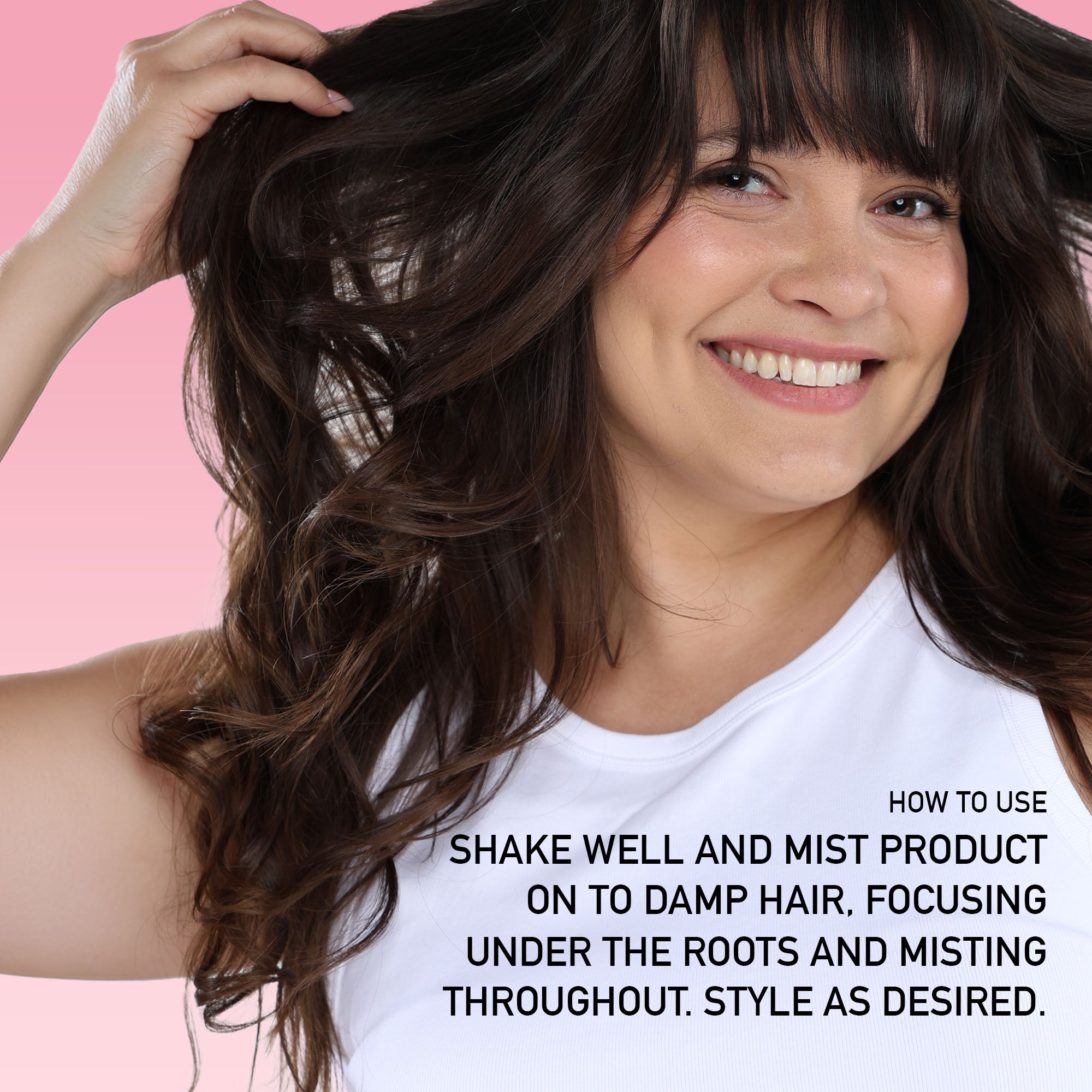 Woman applying NatureWell SunRise Styling mist with how to use text overlay