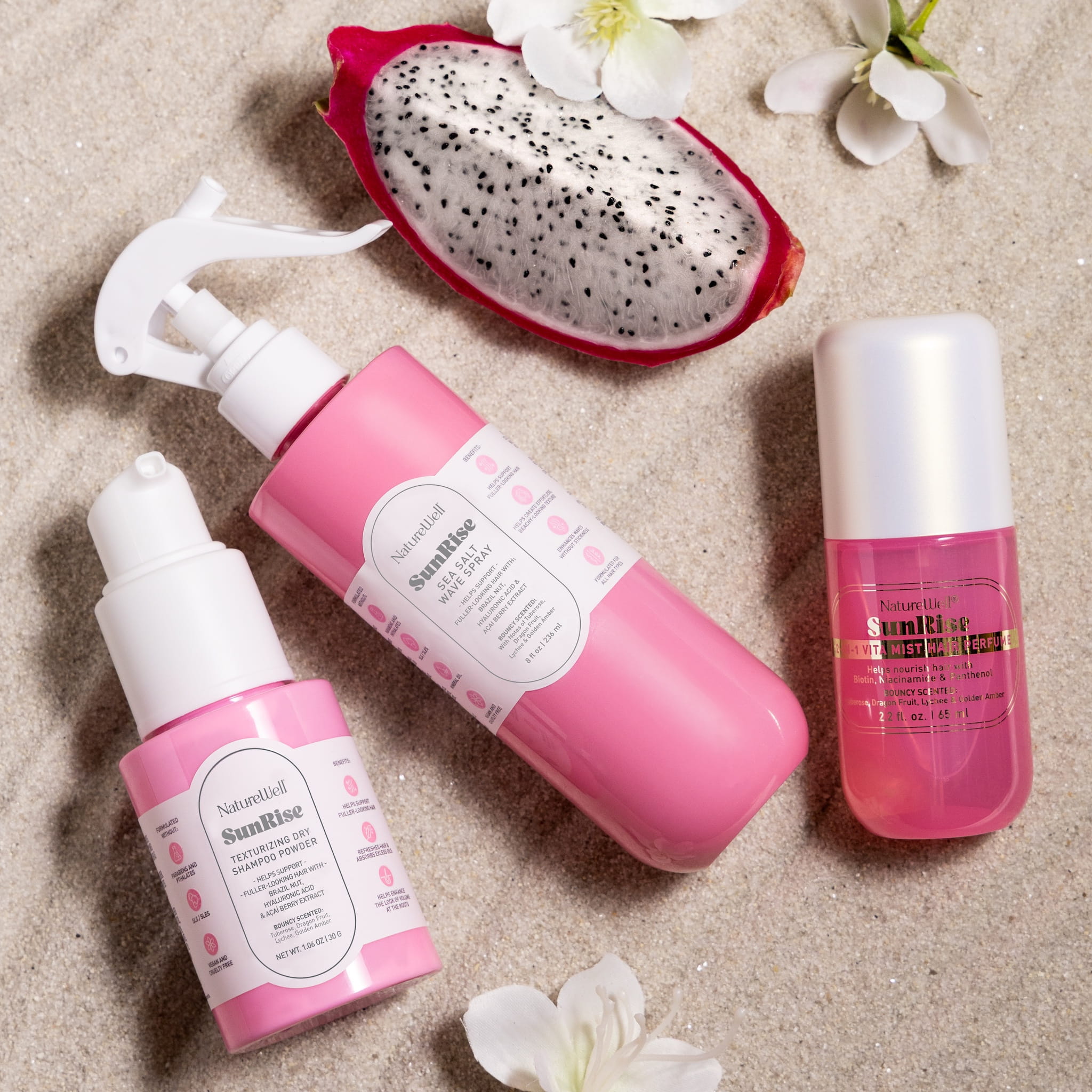 Assortment of NatureWell SunRise haircare products on a natural background