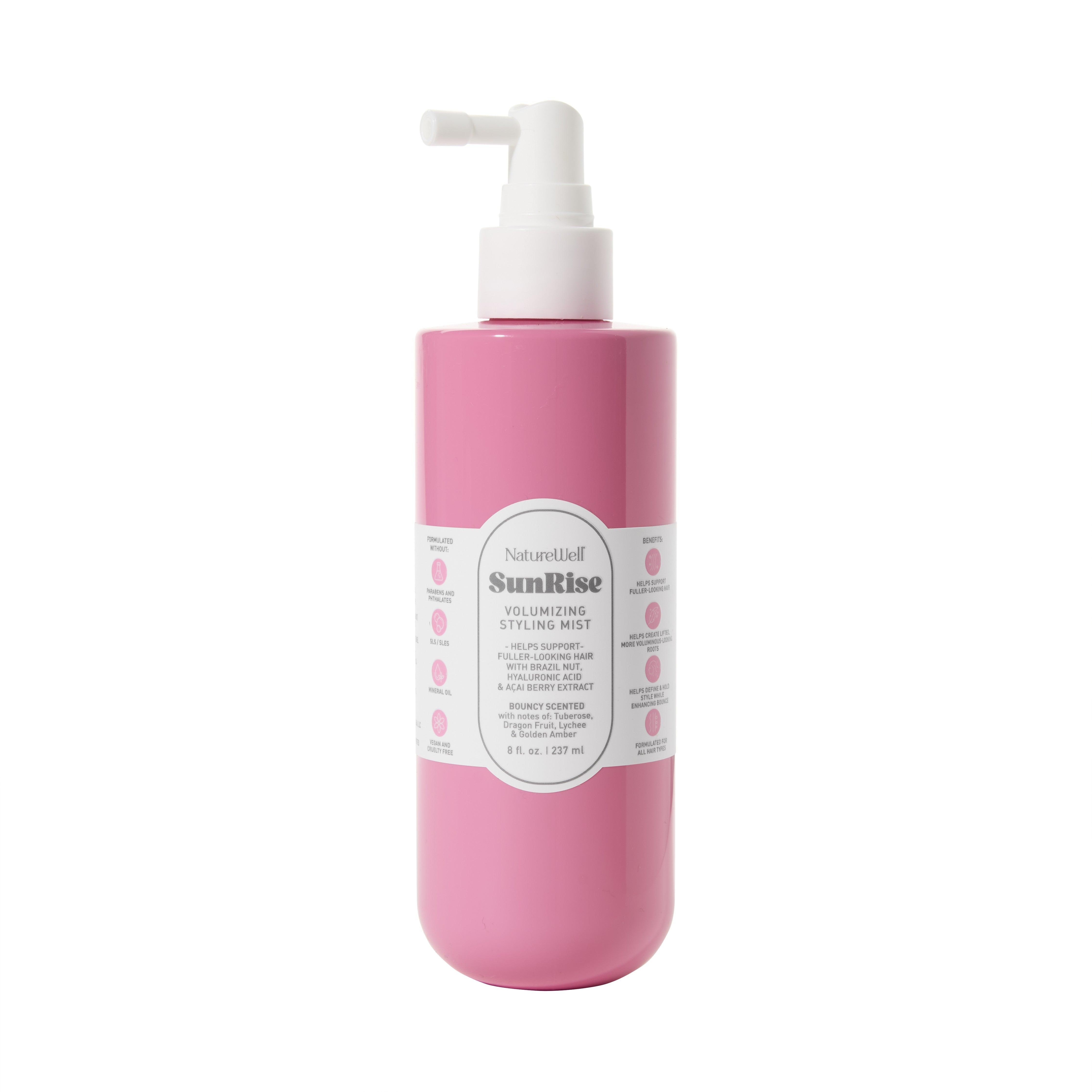 Bottle of NatureWell SunRise Volumizing Styling Mist on a white background