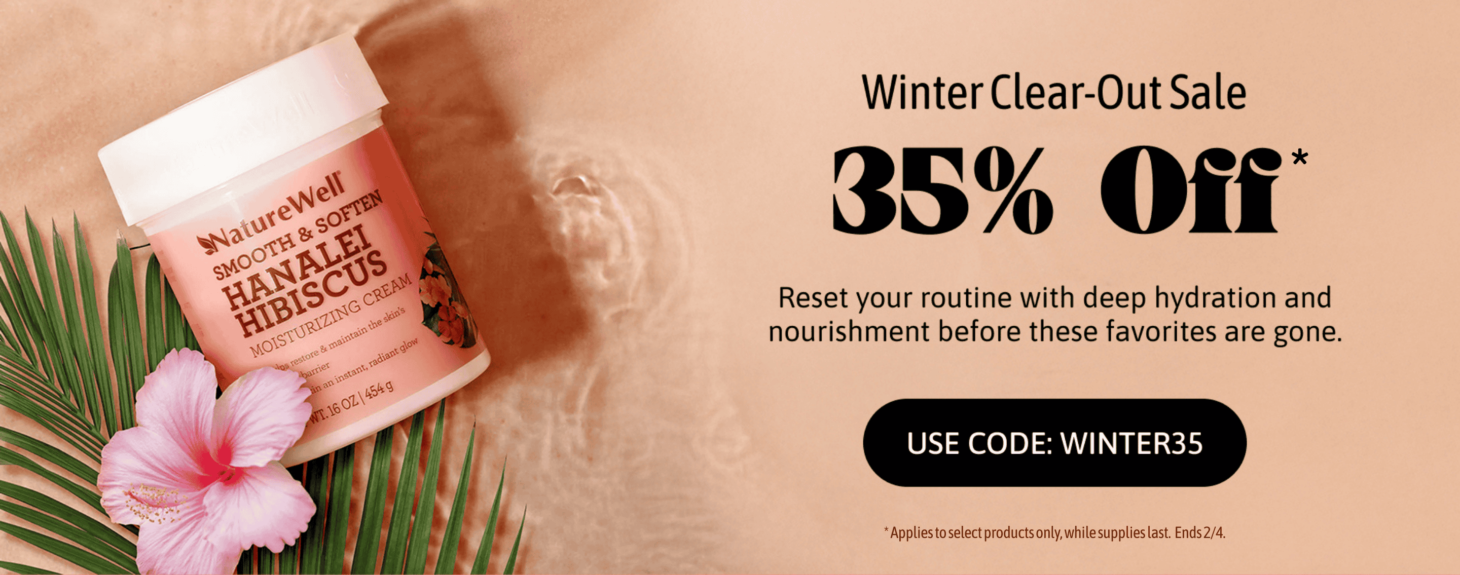 Jar of NatureWell body cream on a light pink background with hibiscus flower and '35% off' text overlay