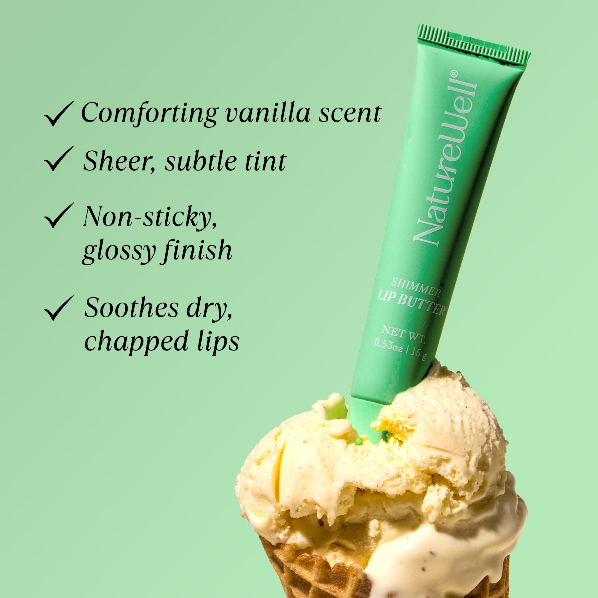 Tube of NatureWell Vanilla Mint Tinted Lip Butter on a light green background with benefits