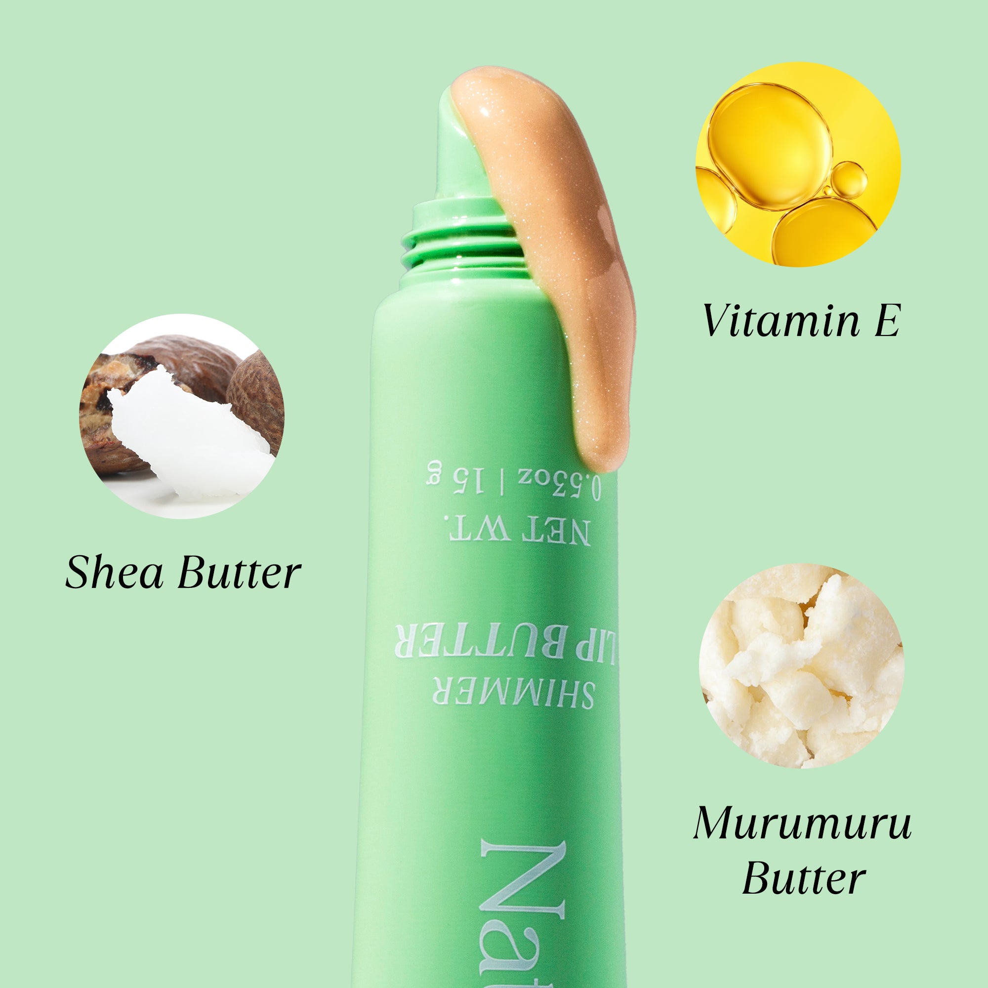 Tube of NatureWell Vanilla Mint Tinted Lip Butter on a light green background with ingredients